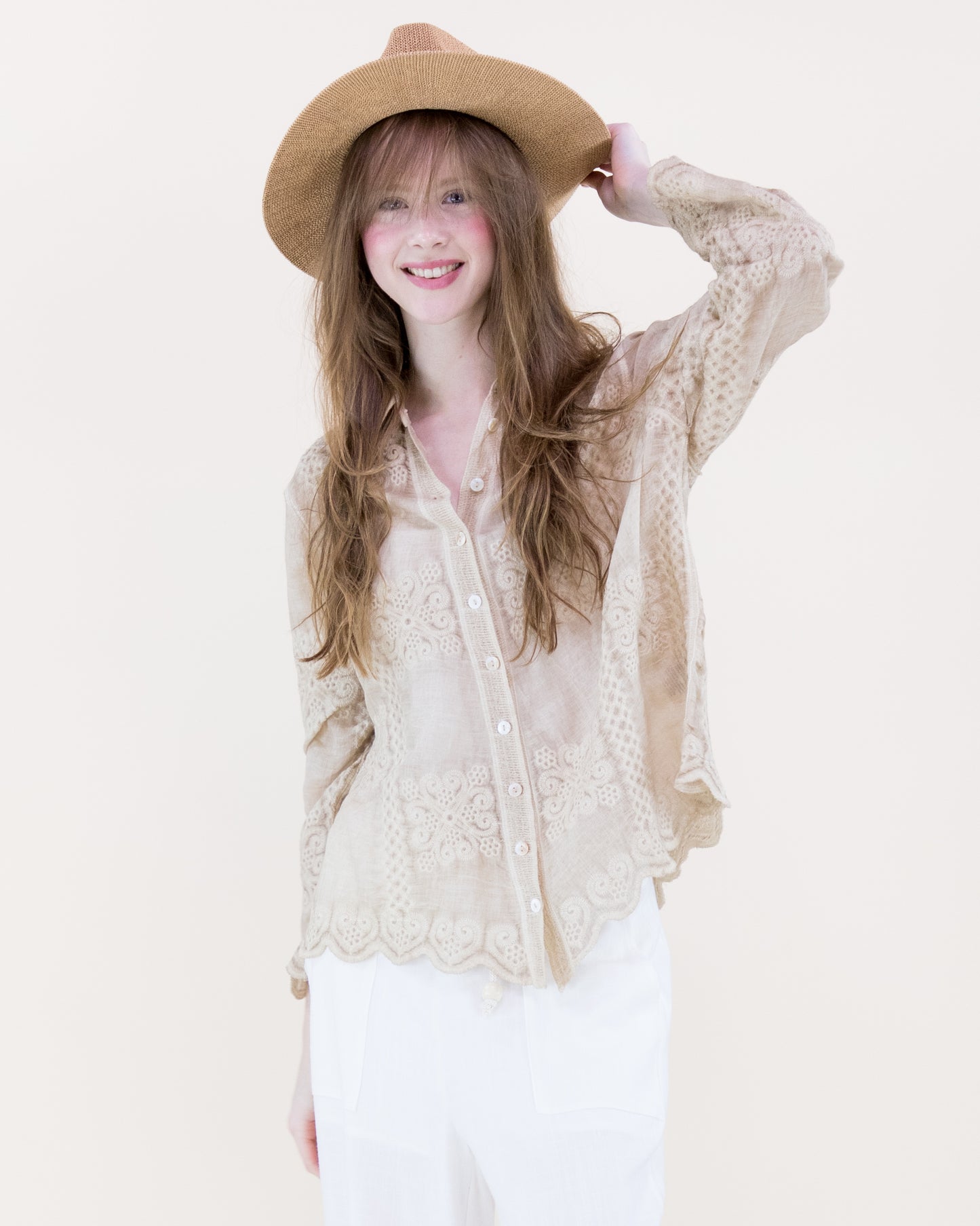 Petal Tile Scalloped Hem Embroidered Mineral Wash Shirt