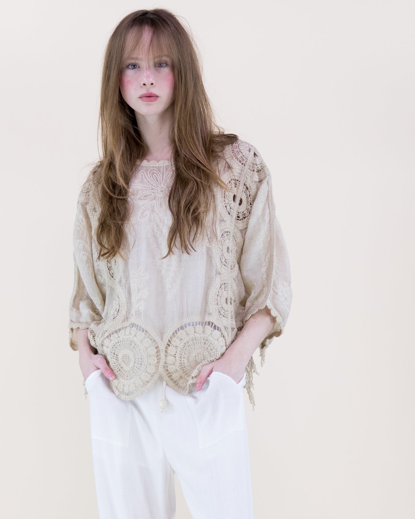 Sun Wash Medallion Panel Fringe Kimono Blouse