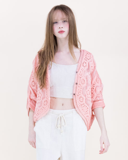 Coral Stone Crochet Bat Wing Tie Dye Cardigan