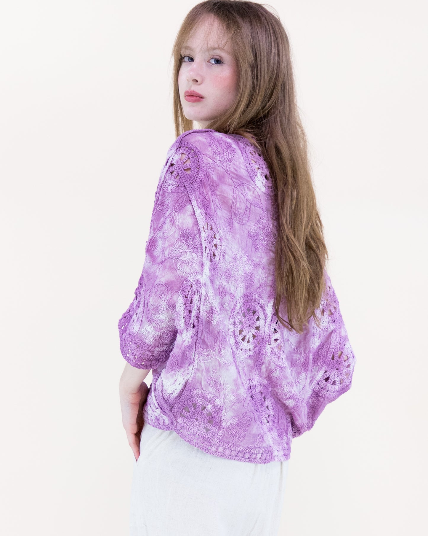 Flower Wheel Crochet Bat Wing Tie Dye Cardigan