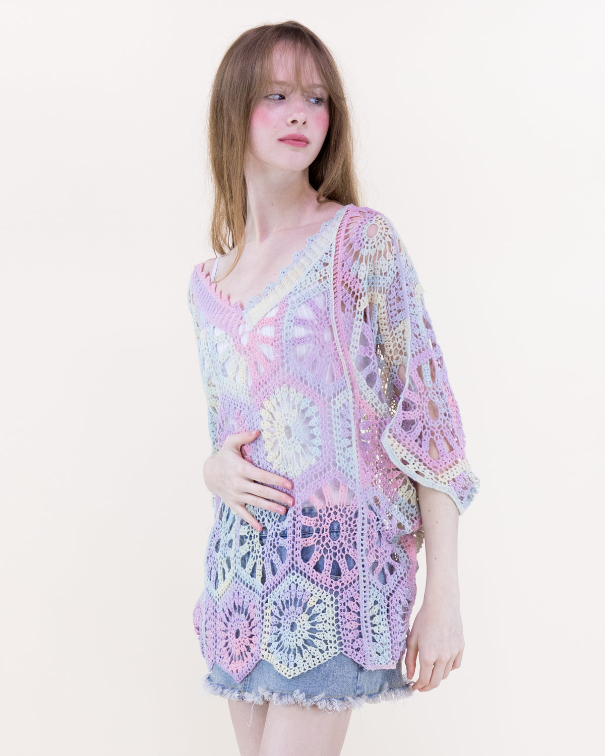 Coral Stone Cotton Crochet Lace Bat Wing Top