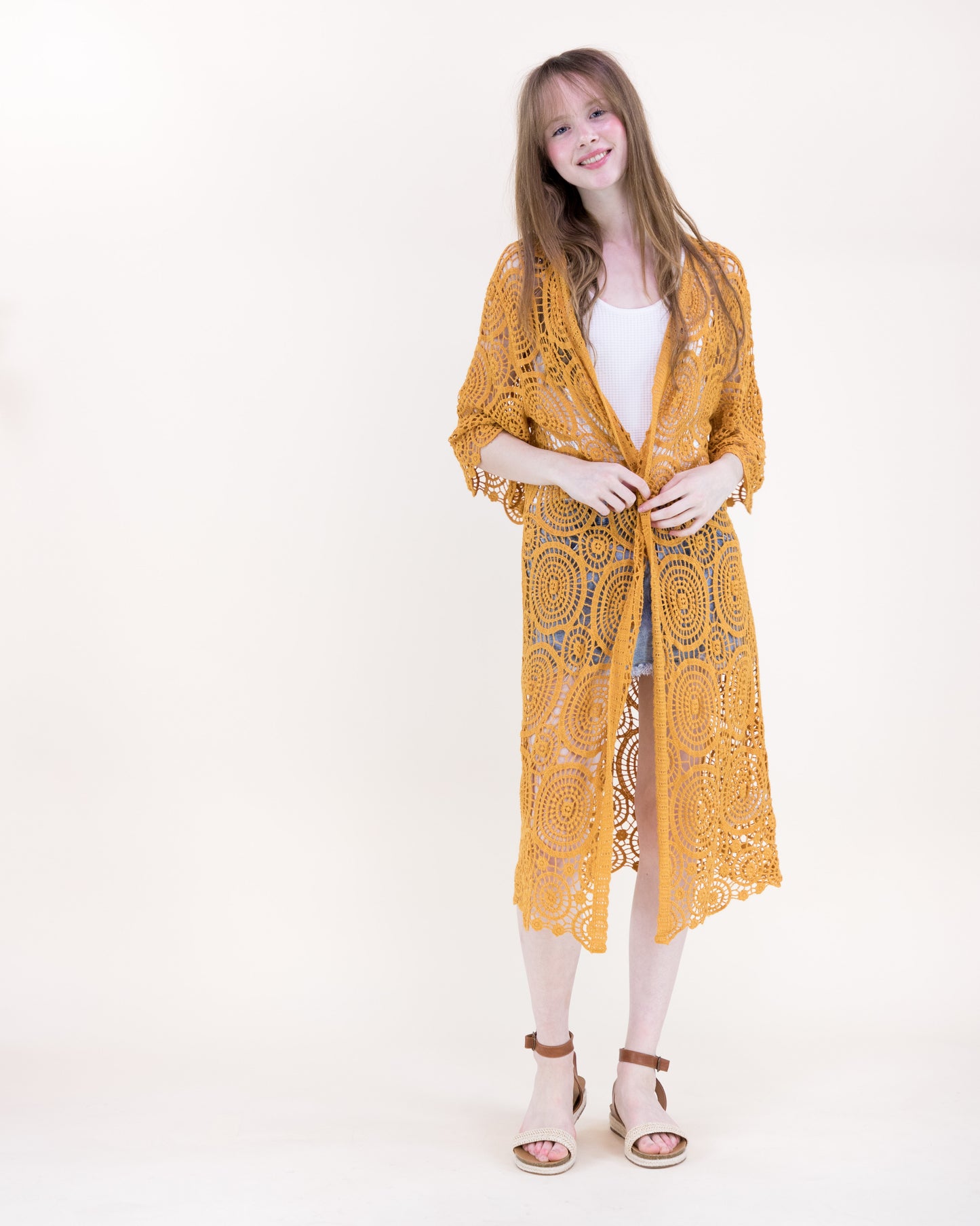 Sunburst Crochet Button Front Maxi Robe