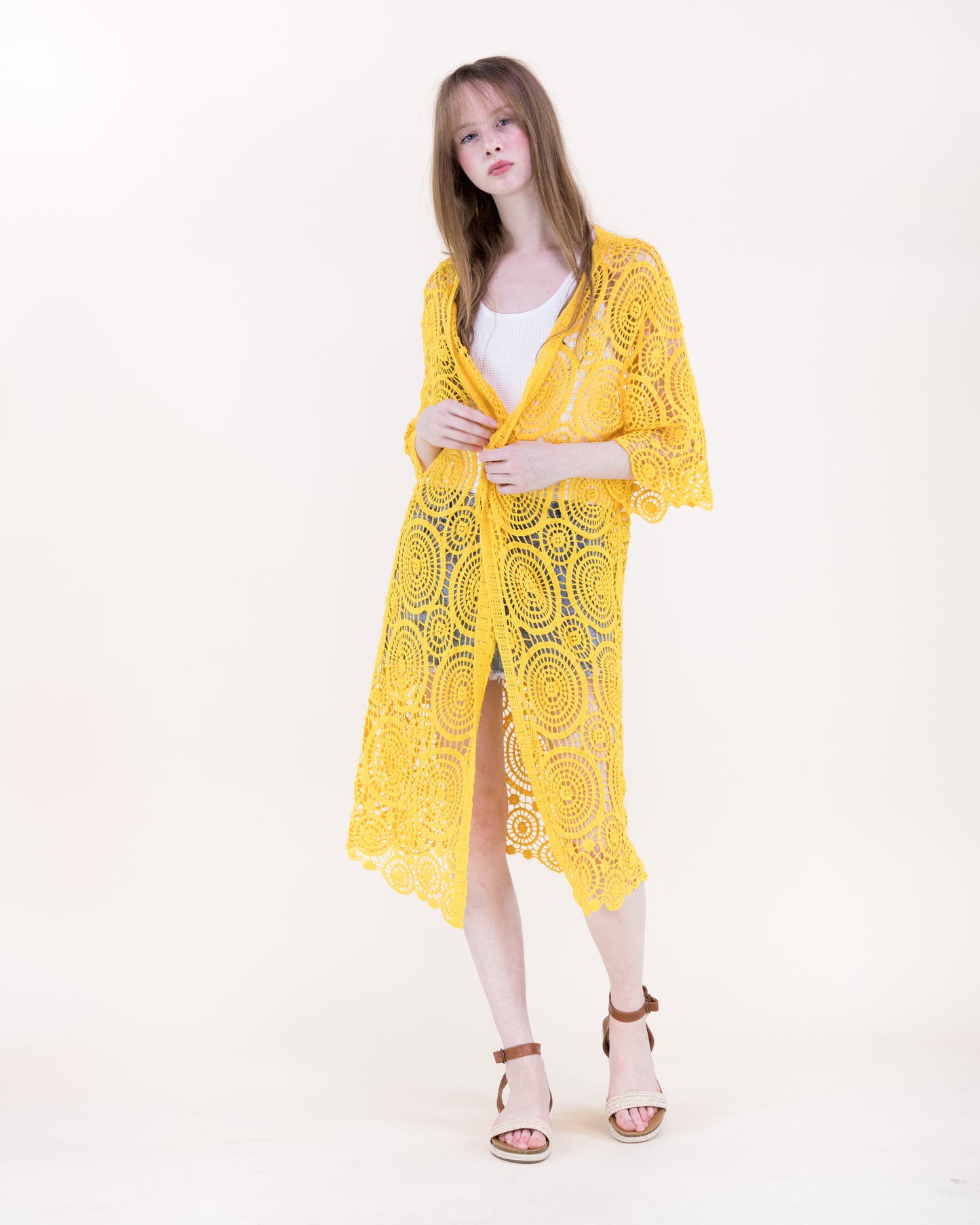 Sunburst Crochet Button Front Maxi Robe