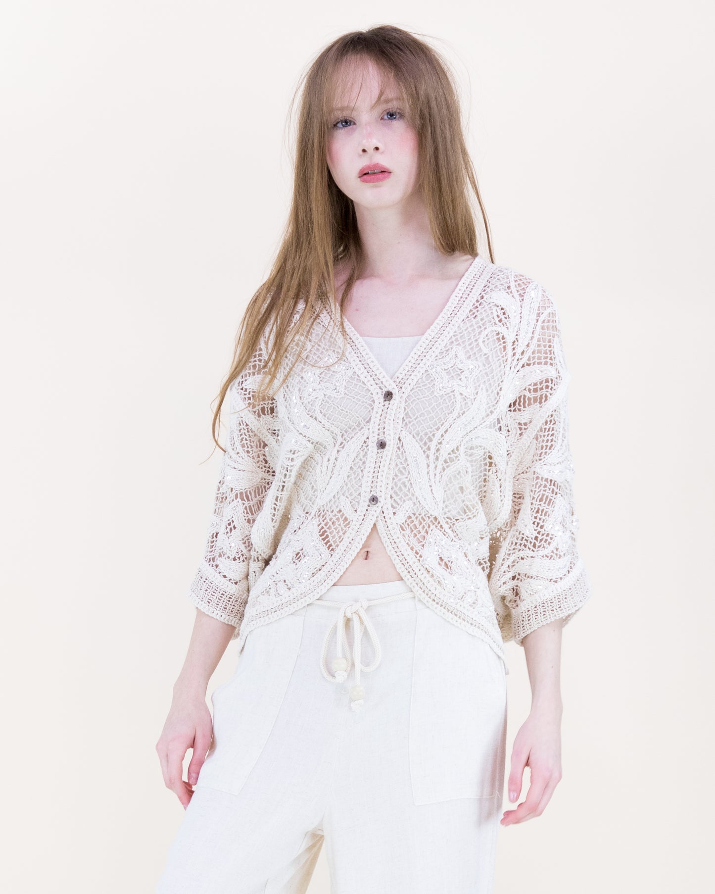 Daffodil Garden Crochet Sequin Bat Wing Cardigan