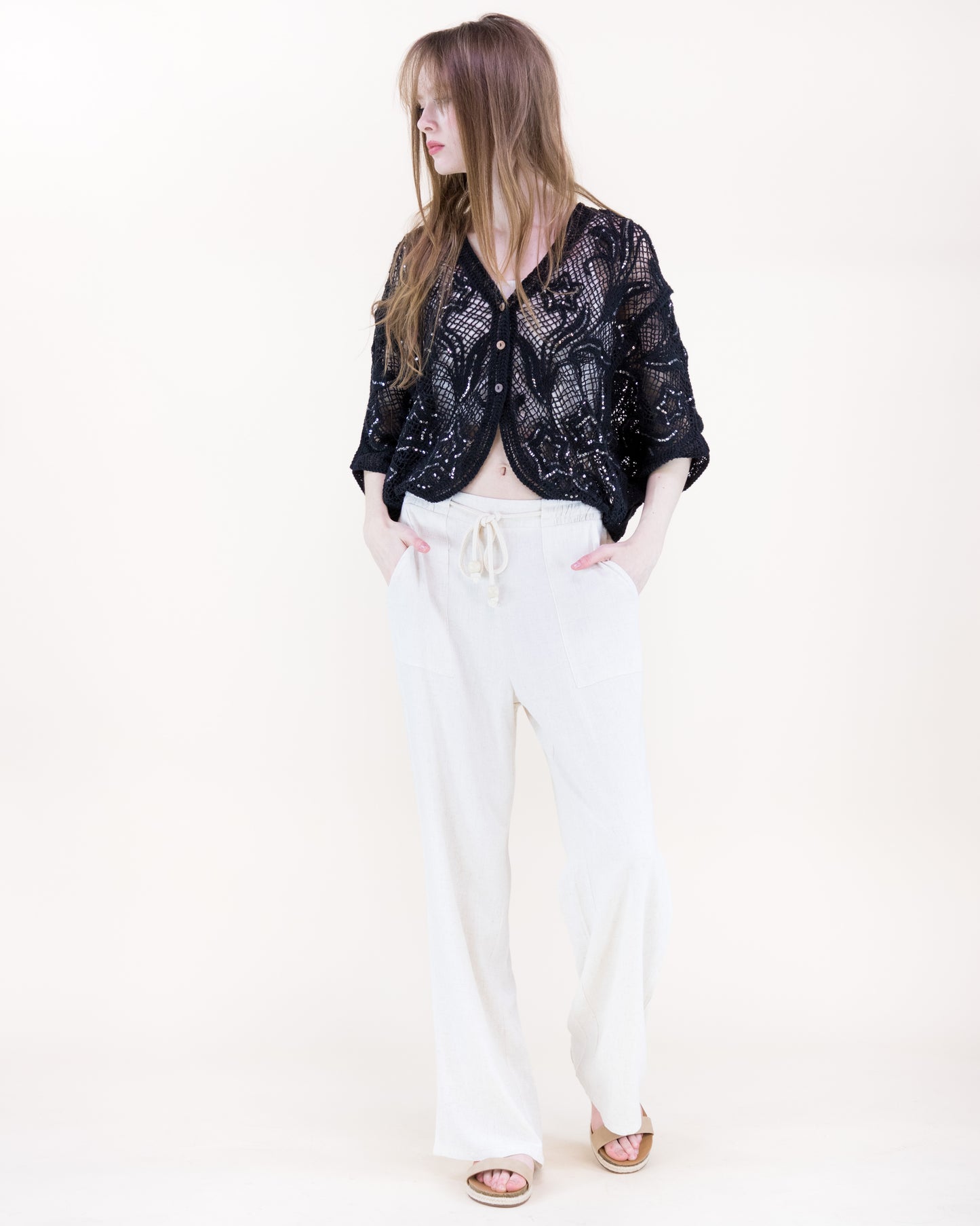 Daffodil Garden Crochet Sequin Bat Wing Cardigan