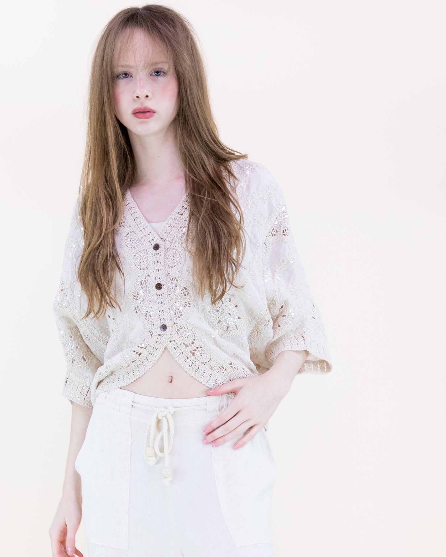 Moon Flower Crochet Sequin Bat Wing Cardigan