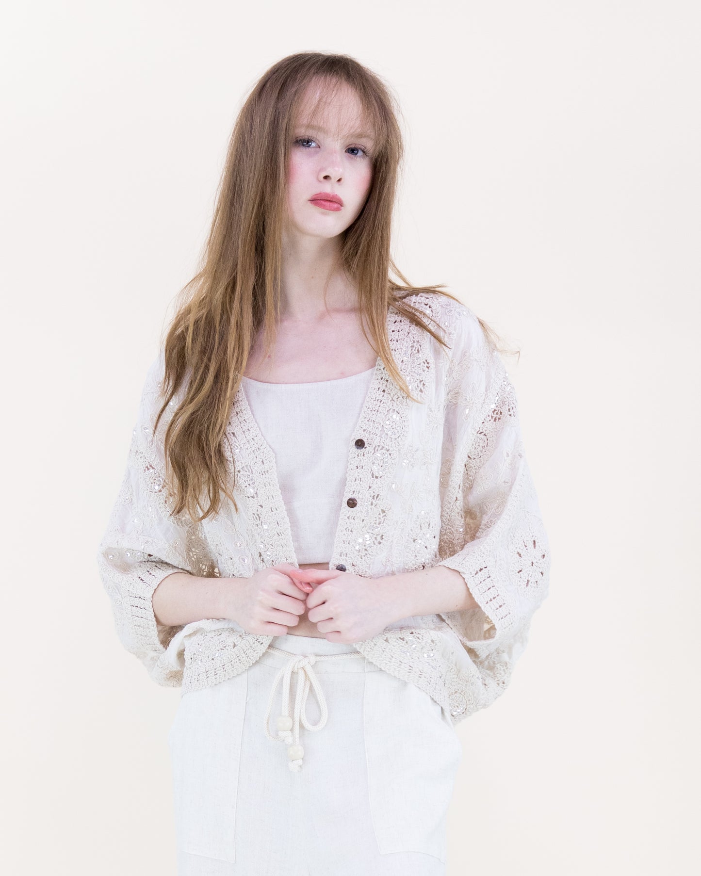 Moon Flower Crochet Sequin Bat Wing Cardigan