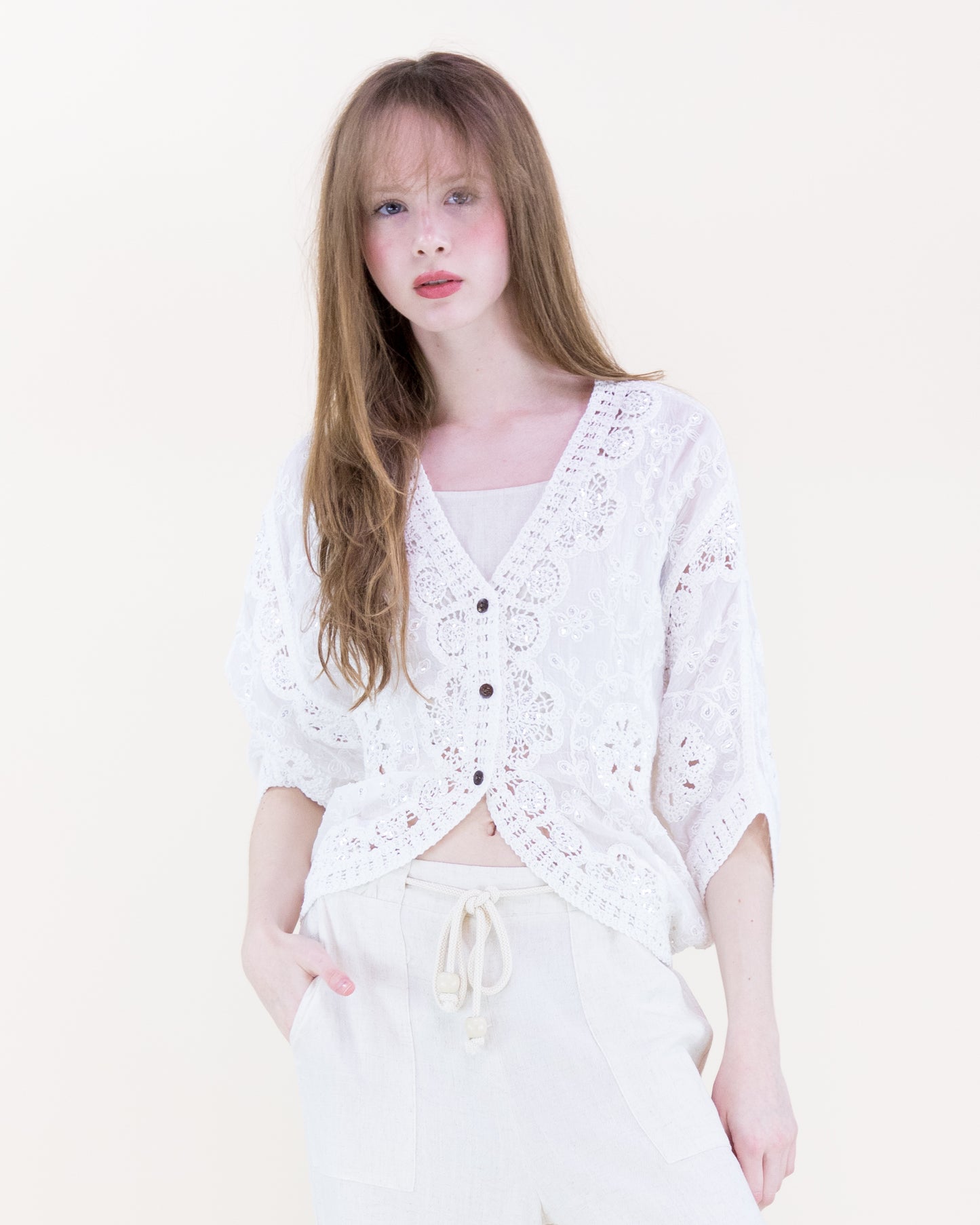 Moon Flower Crochet Sequin Bat Wing Cardigan