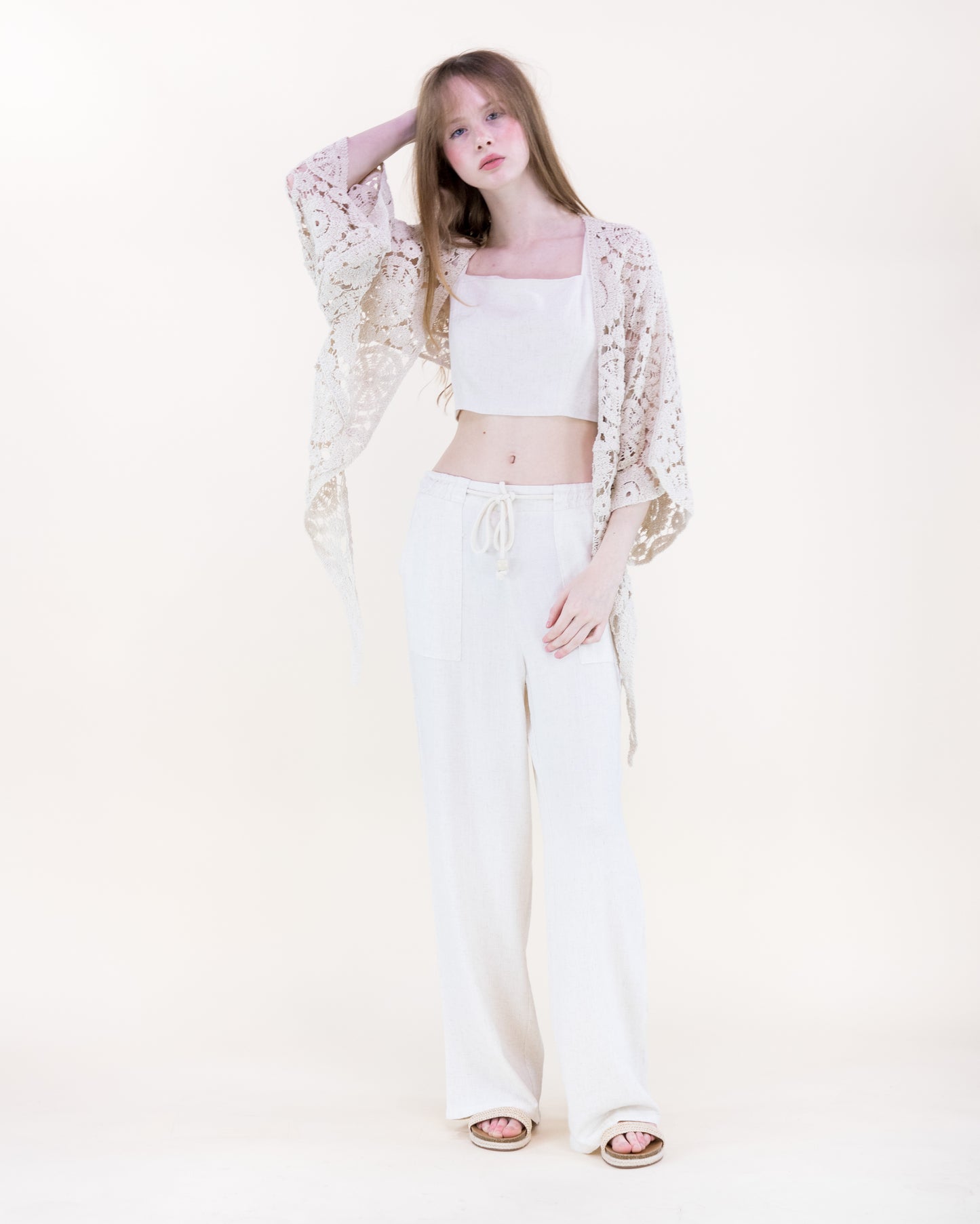 Bohemian Doily Front Tie Kimono Sleeve Crochet Top