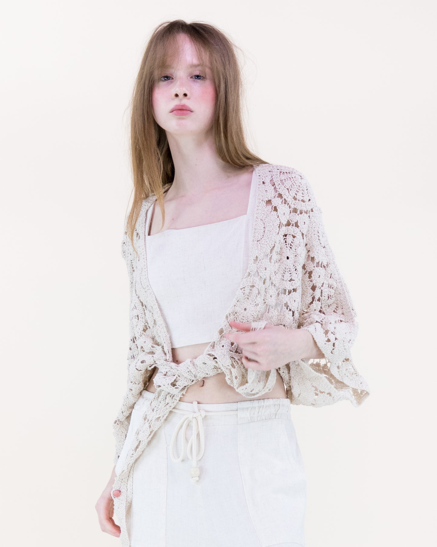 Bohemian Doily Front Tie Kimono Sleeve Crochet Top