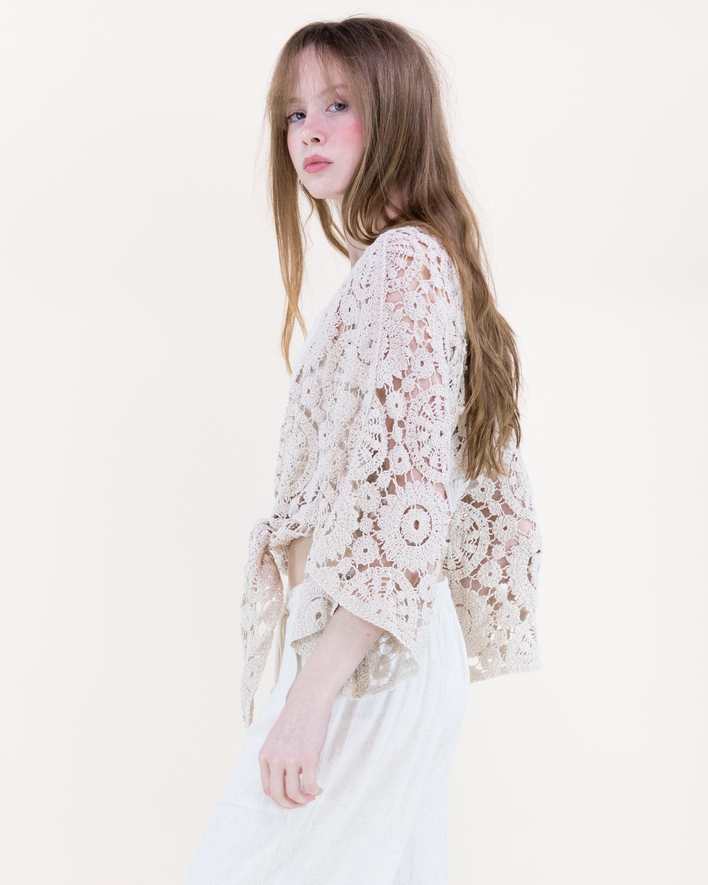 Bohemian Doily Front Tie Kimono Sleeve Crochet Top