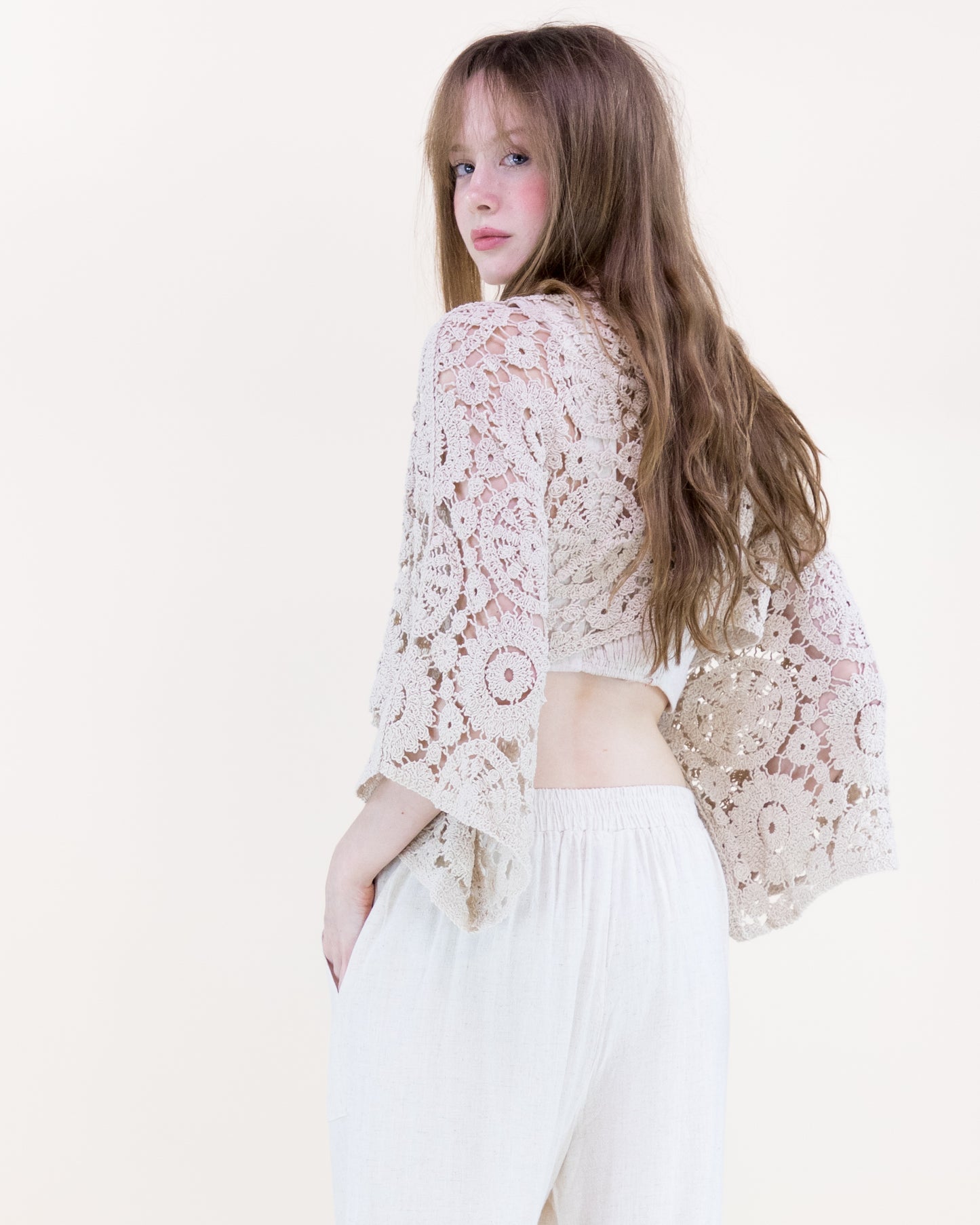 Bohemian Doily Front Tie Kimono Sleeve Crochet Top