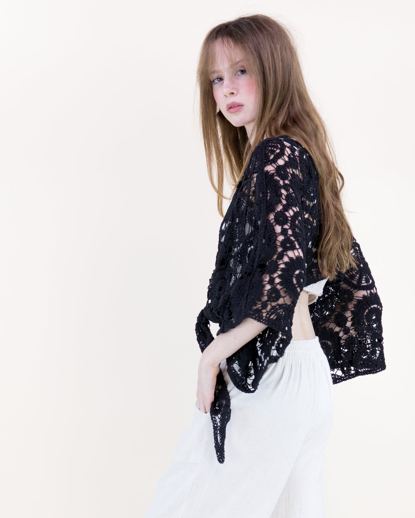 Bohemian Doily Front Tie Kimono Sleeve Crochet Top