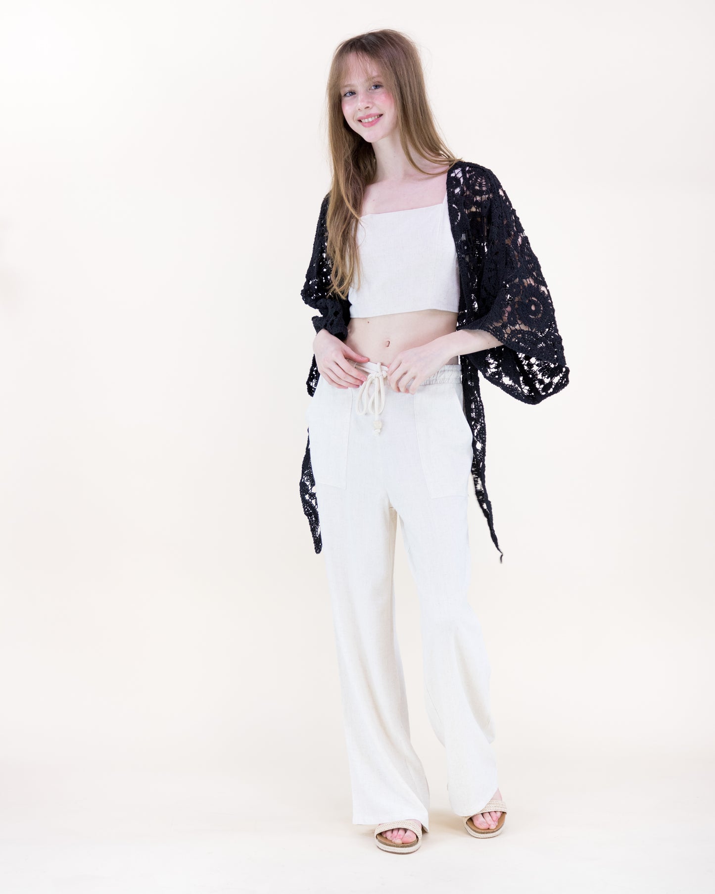 Bohemian Doily Front Tie Kimono Sleeve Crochet Top