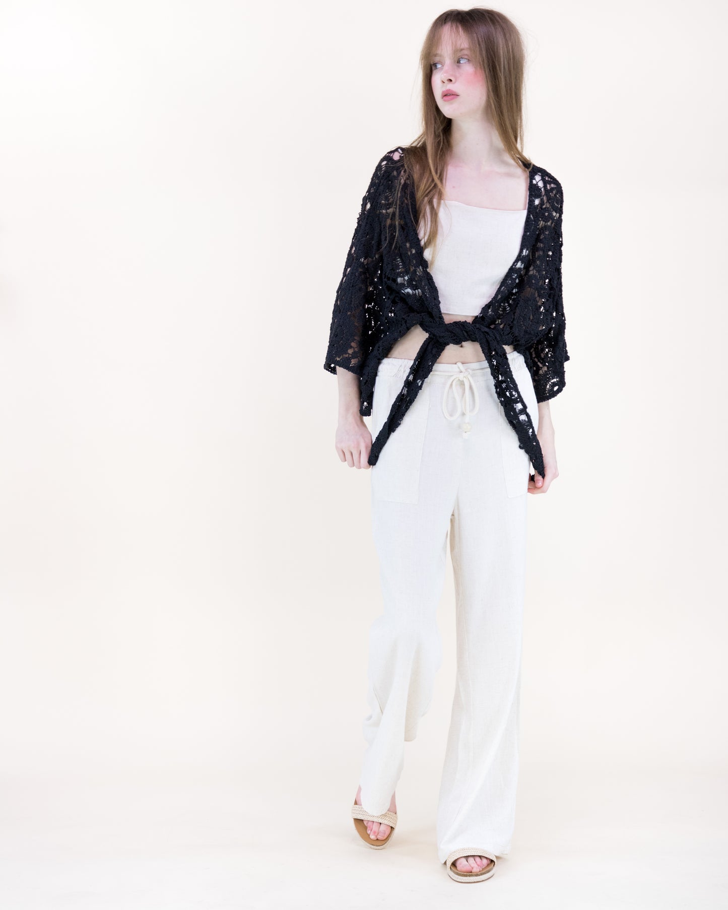 Bohemian Doily Front Tie Kimono Sleeve Crochet Top
