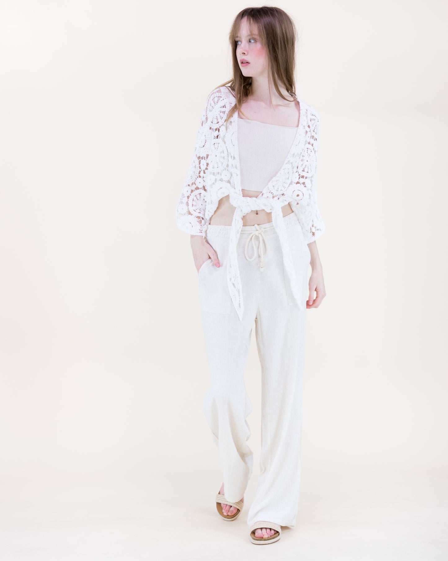 Bohemian Doily Front Tie Kimono Sleeve Crochet Top