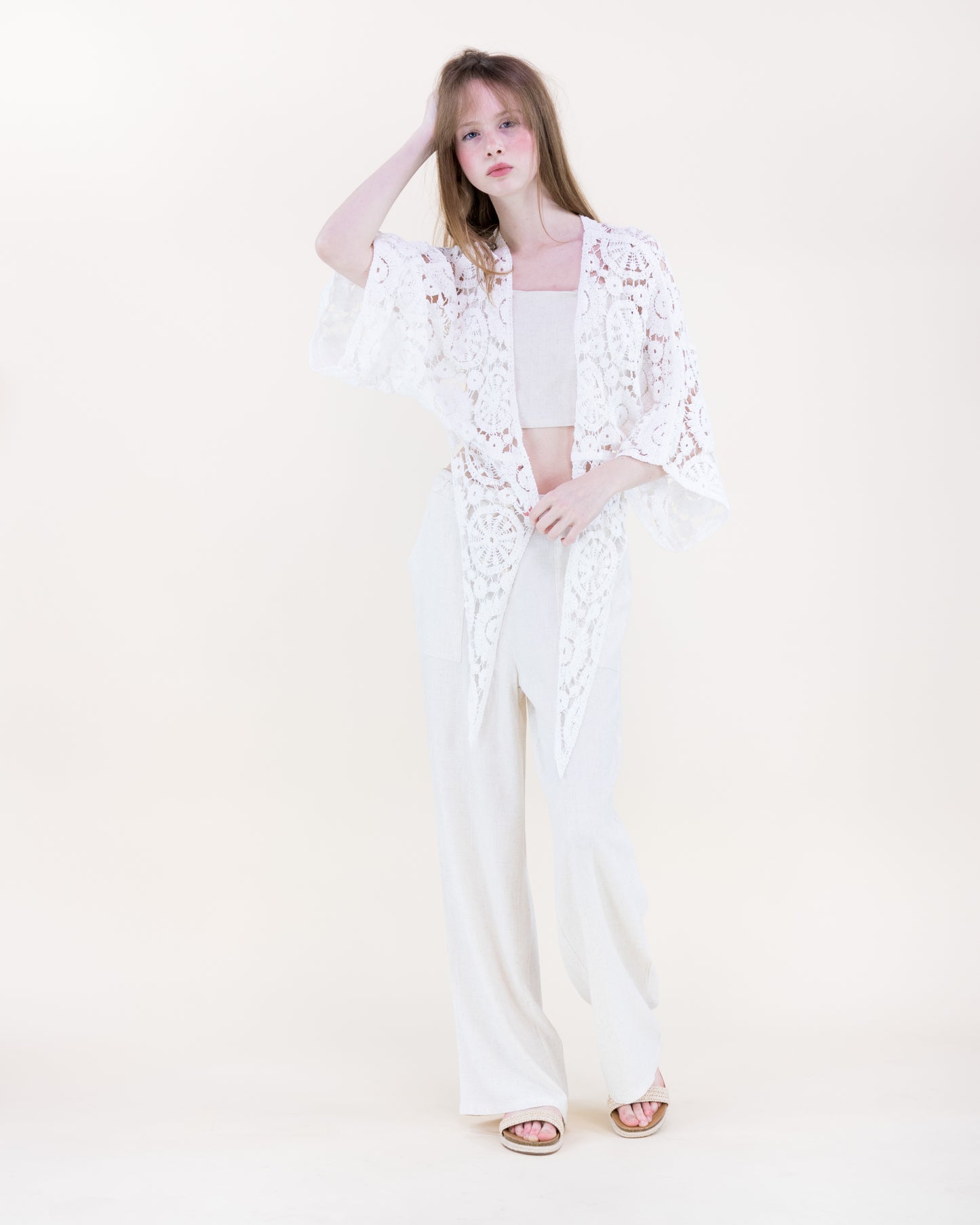 Bohemian Doily Front Tie Kimono Sleeve Crochet Top