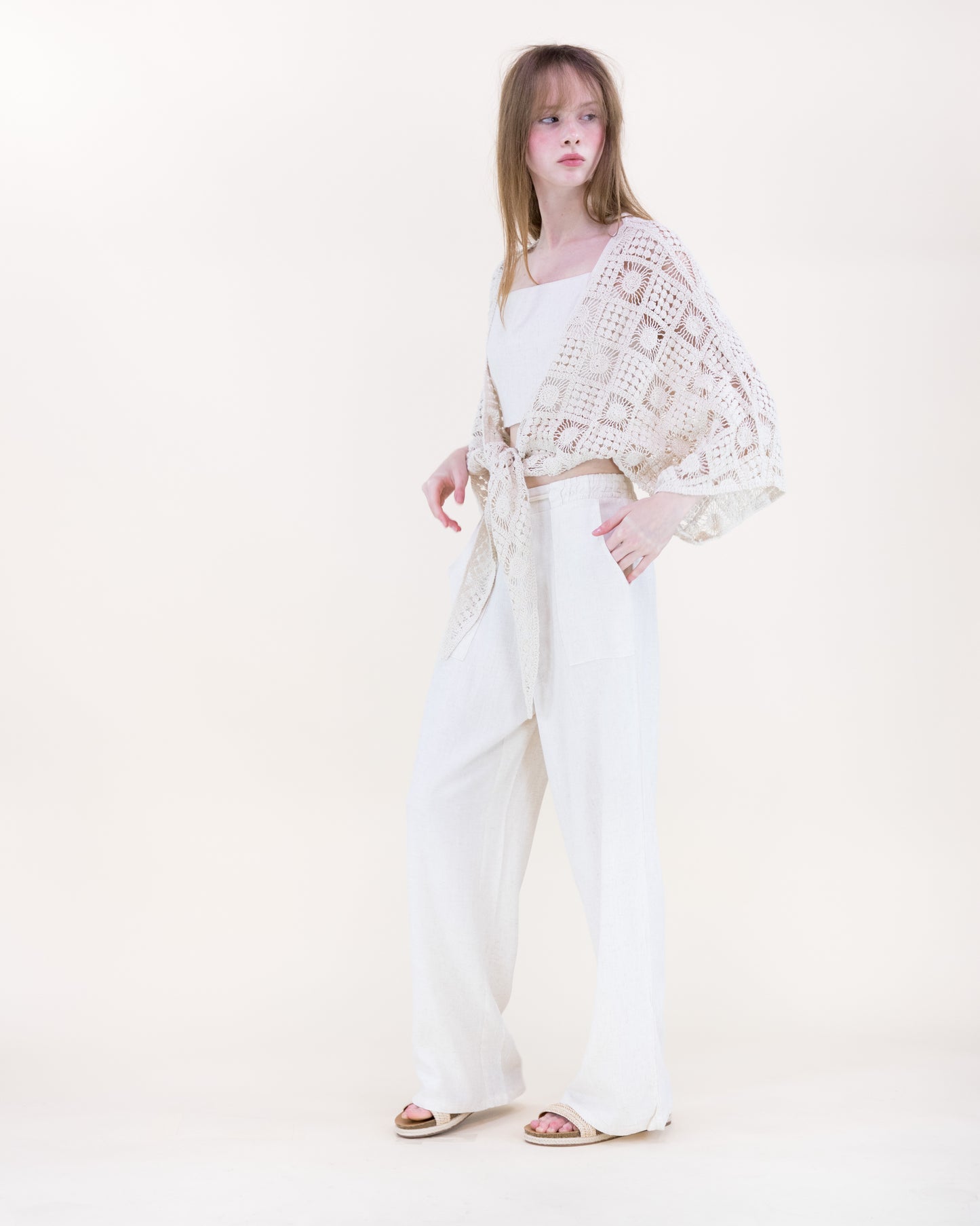 Sunburst Tile Front Tie Kimono Sleeve Crochet Top