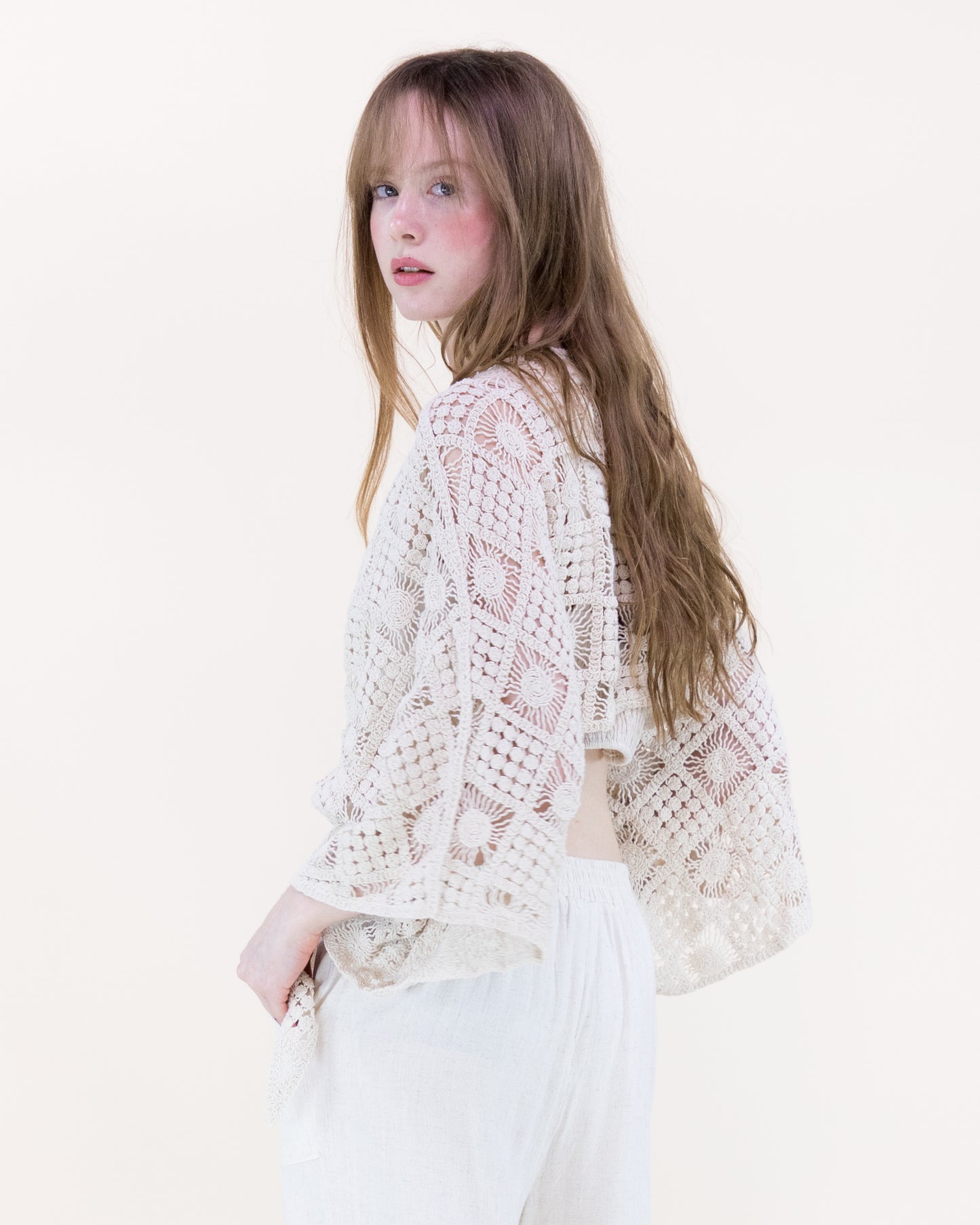 Sunburst Tile Front Tie Kimono Sleeve Crochet Top