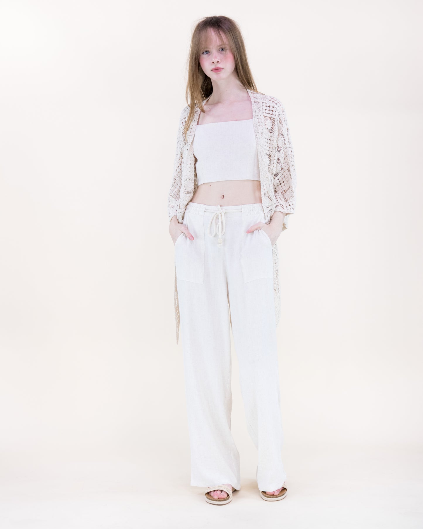 Sunburst Tile Front Tie Kimono Sleeve Crochet Top