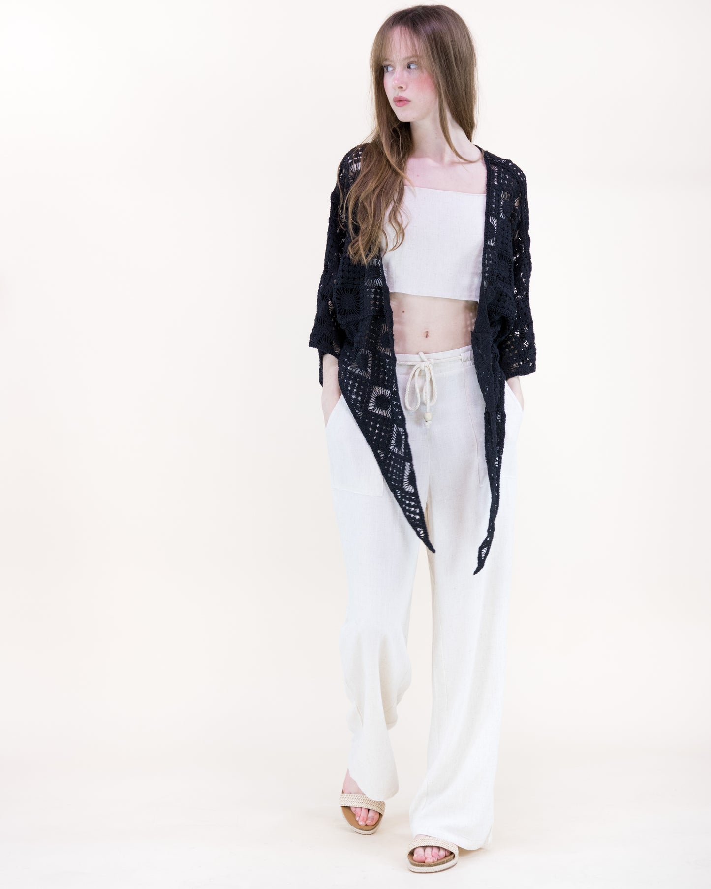 Sunburst Tile Front Tie Kimono Sleeve Crochet Top