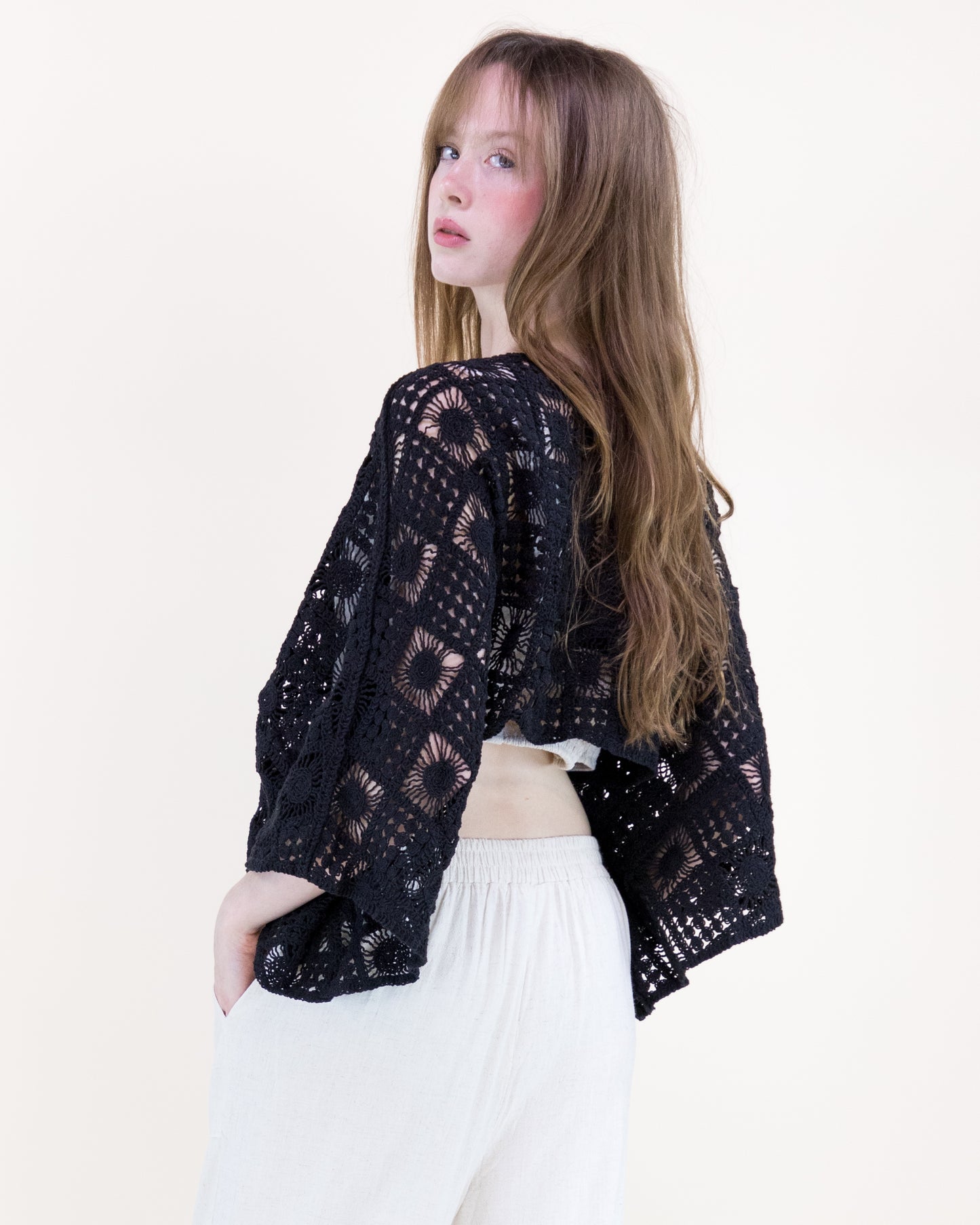 Sunburst Tile Front Tie Kimono Sleeve Crochet Top