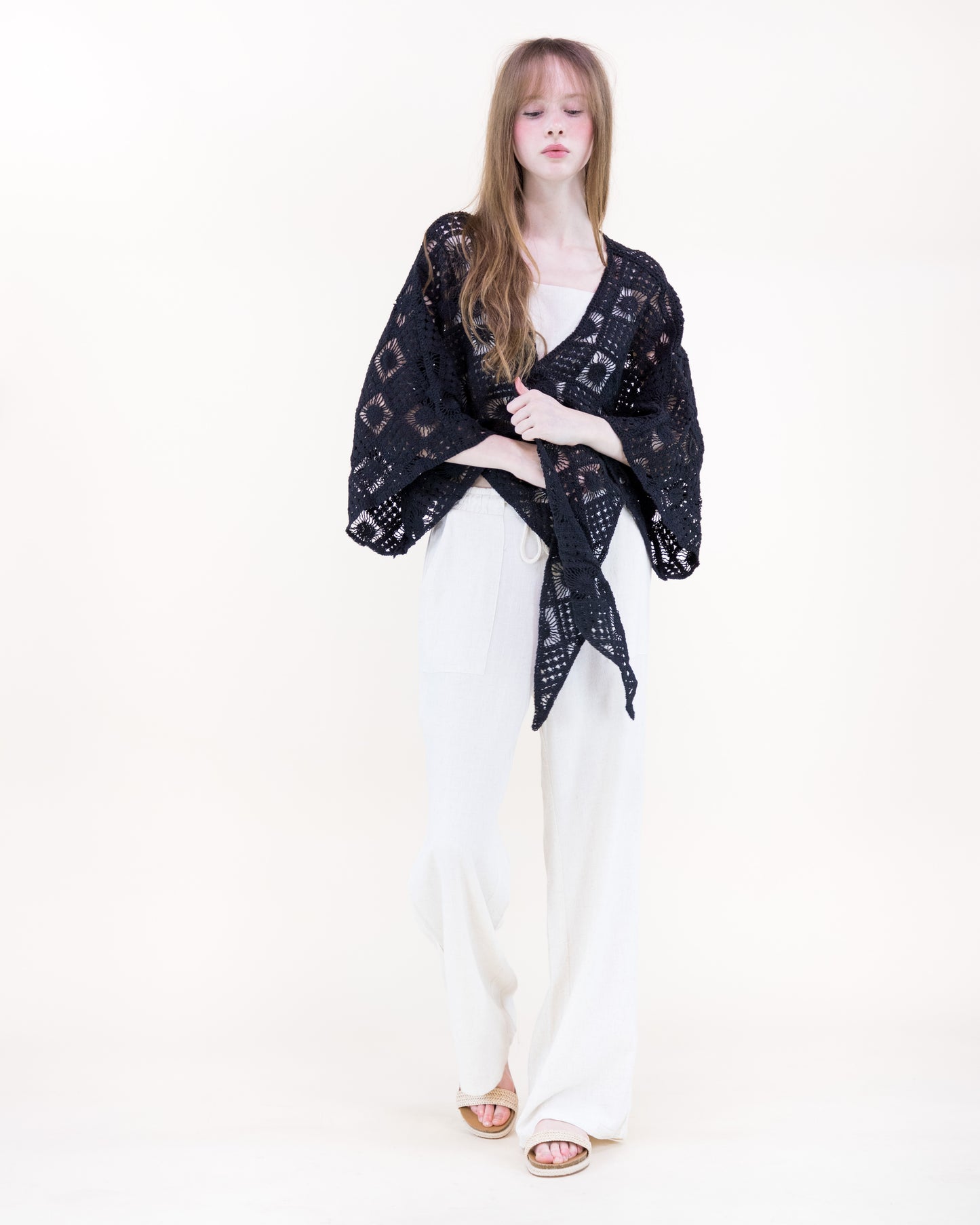 Sunburst Tile Front Tie Kimono Sleeve Crochet Top