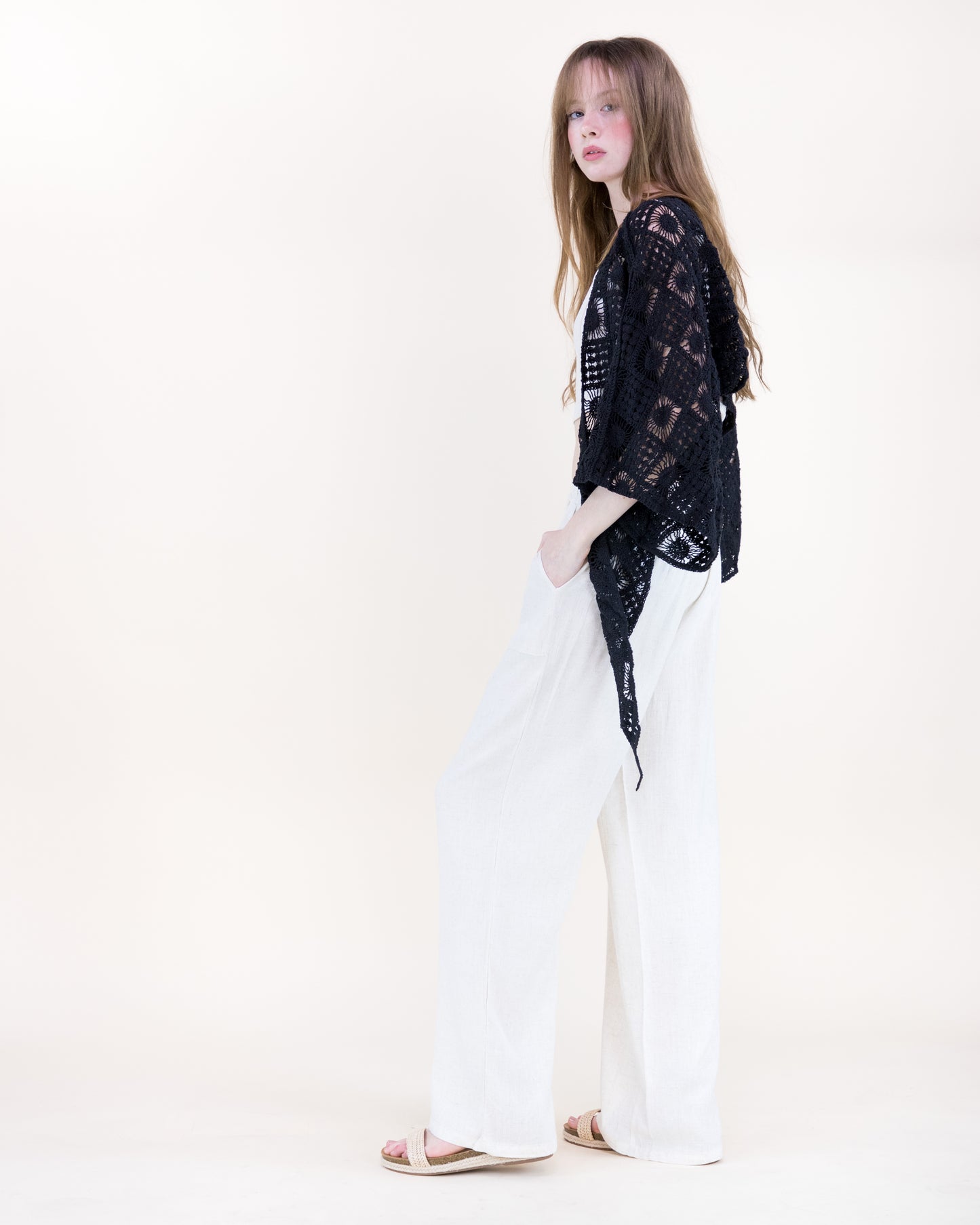 Sunburst Tile Front Tie Kimono Sleeve Crochet Top