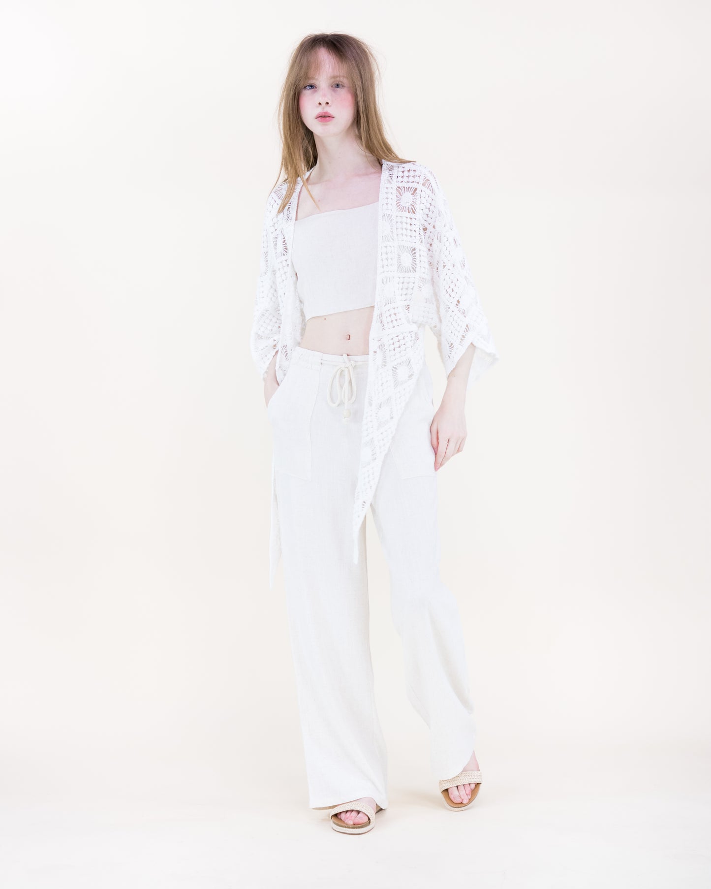 Sunburst Tile Front Tie Kimono Sleeve Crochet Top