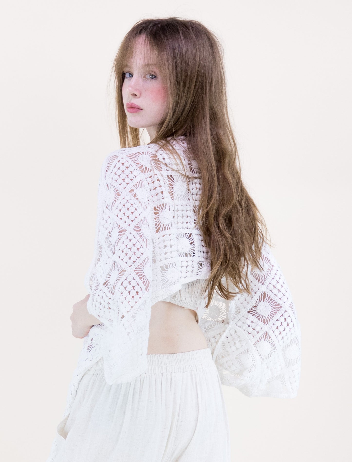 Sunburst Tile Front Tie Kimono Sleeve Crochet Top