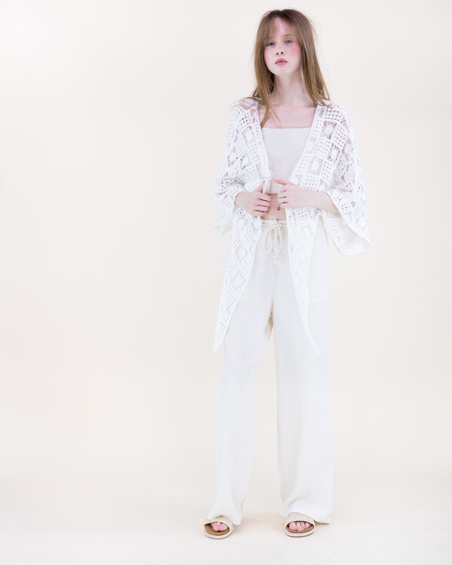 Sunburst Tile Front Tie Kimono Sleeve Crochet Top