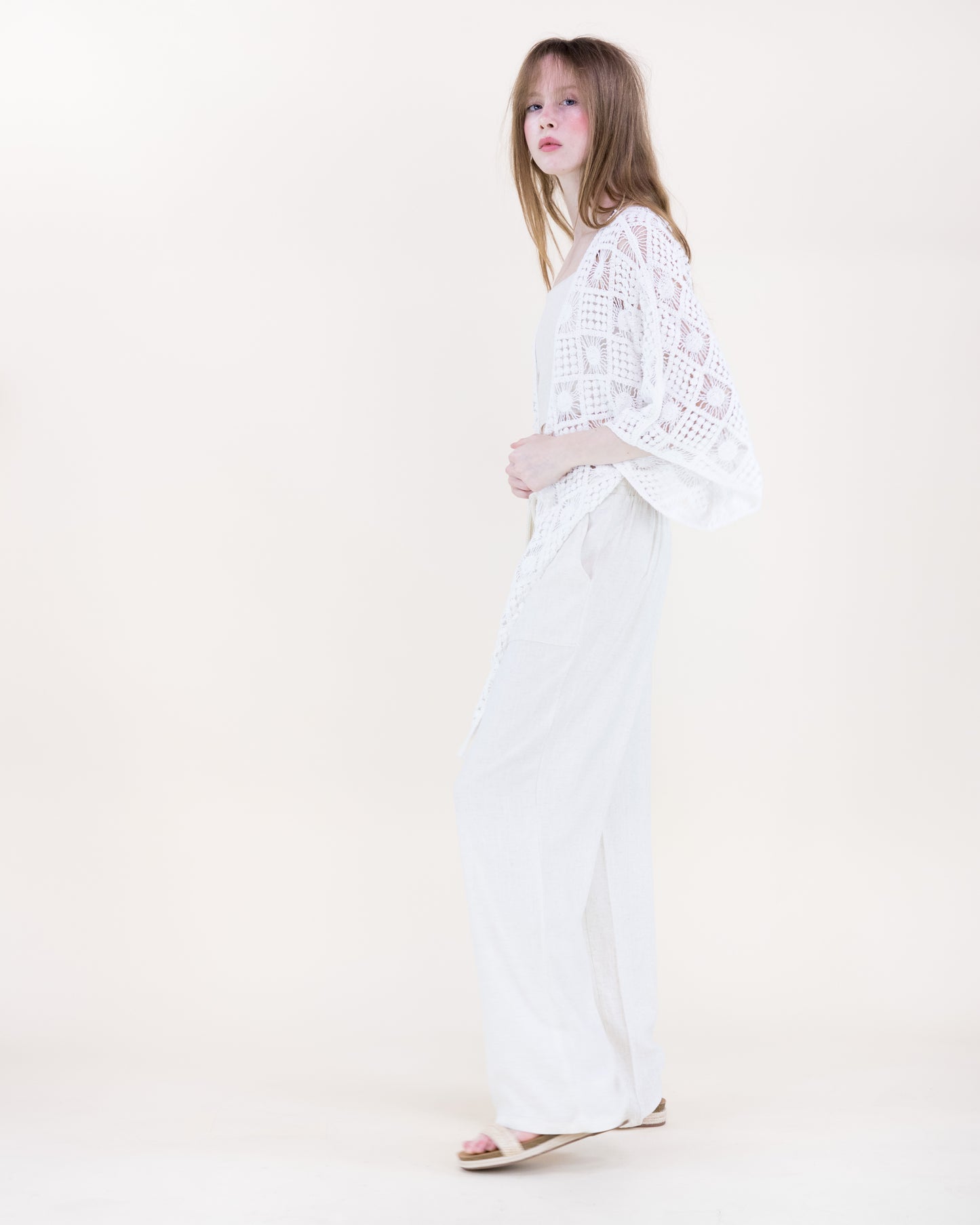 Sunburst Tile Front Tie Kimono Sleeve Crochet Top