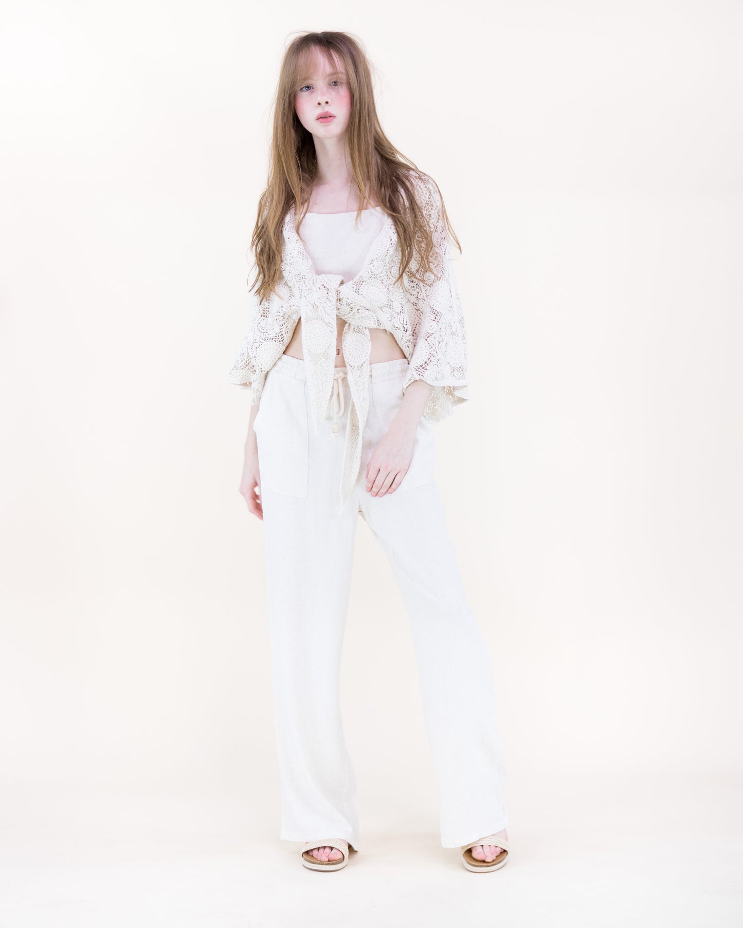 Dandelion Garden Front Tie Kimono Sleeve Crochet Top
