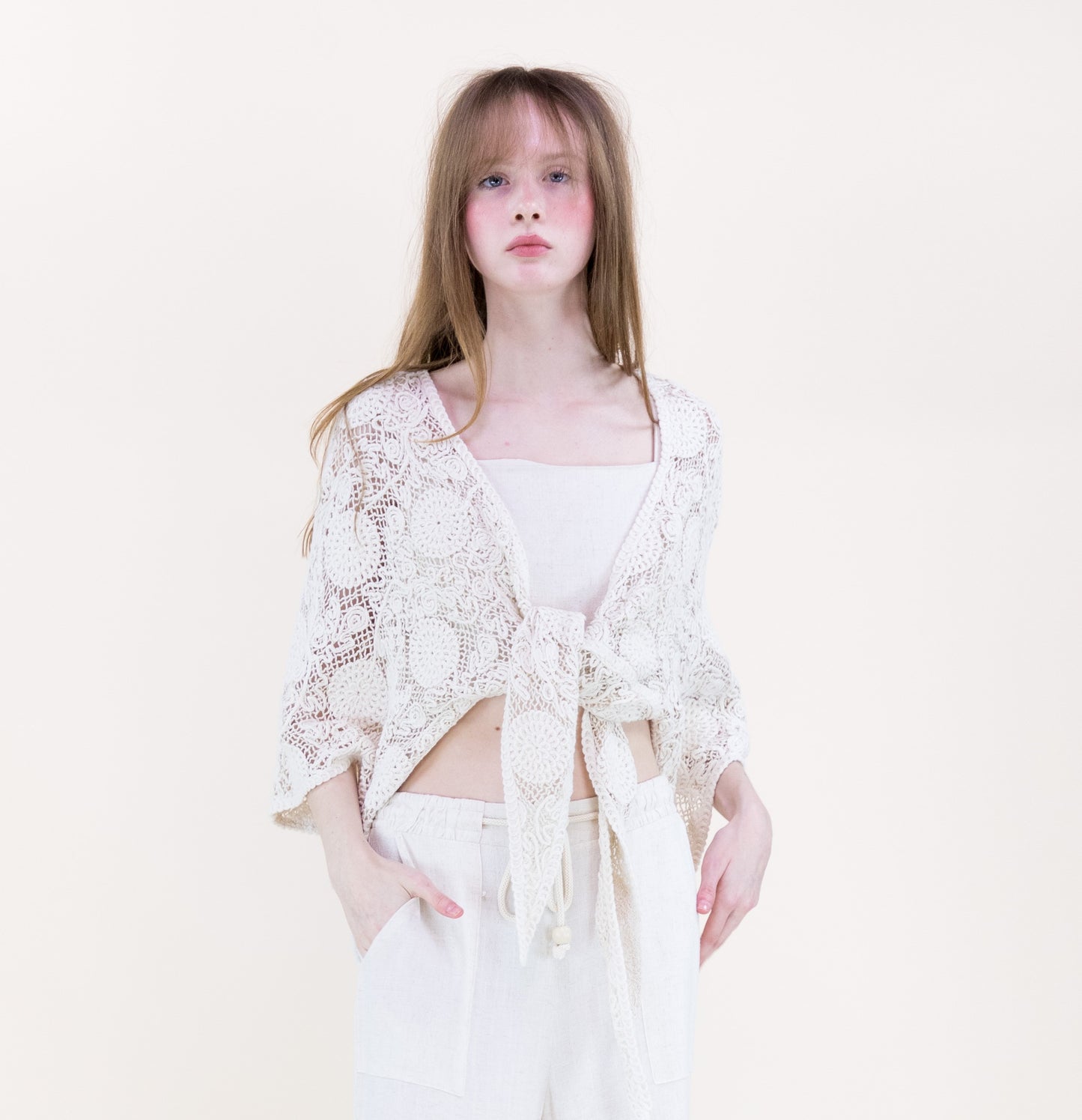 Dandelion Garden Front Tie Kimono Sleeve Crochet Top