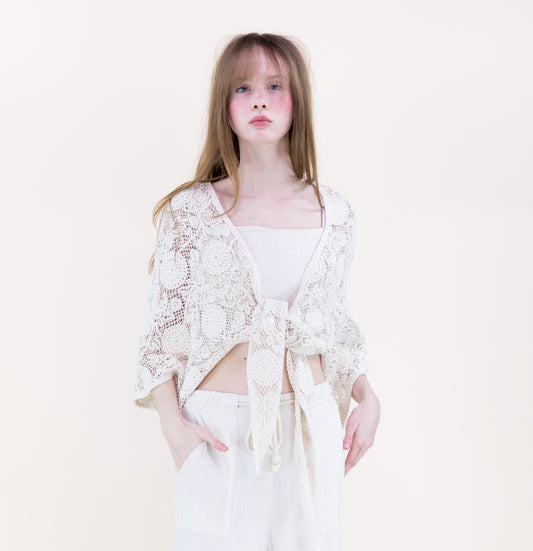 Dandelion Garden Front Tie Kimono Sleeve Crochet Top