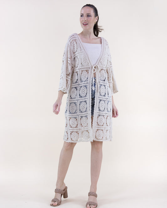 Cotton Medalion Squares Crochet Front Tie Cardigan