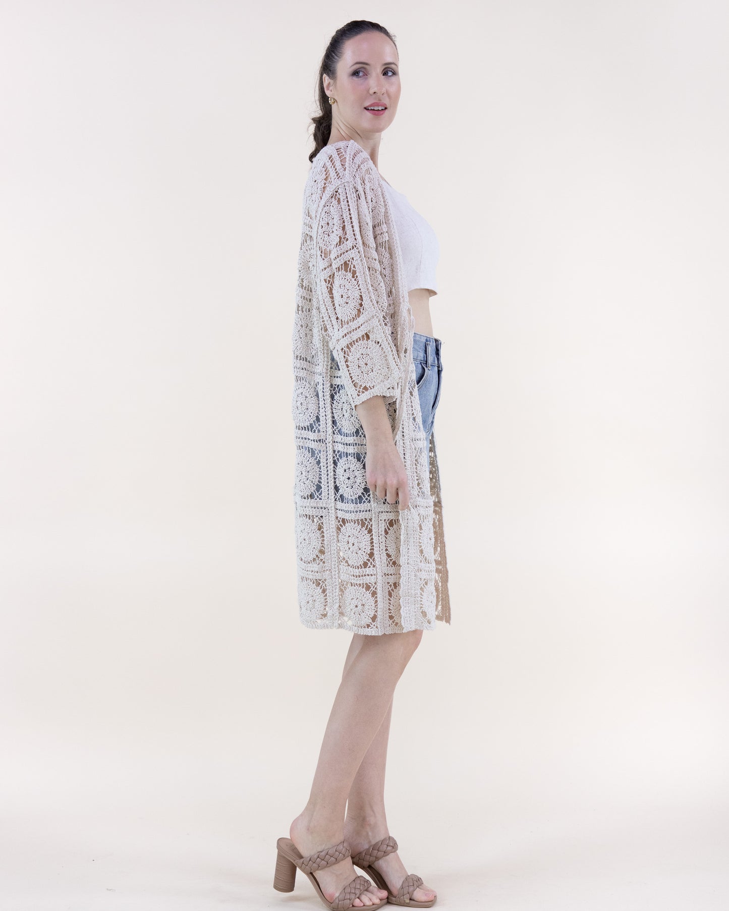 Cotton Medalion Squares Crochet Front Tie Cardigan