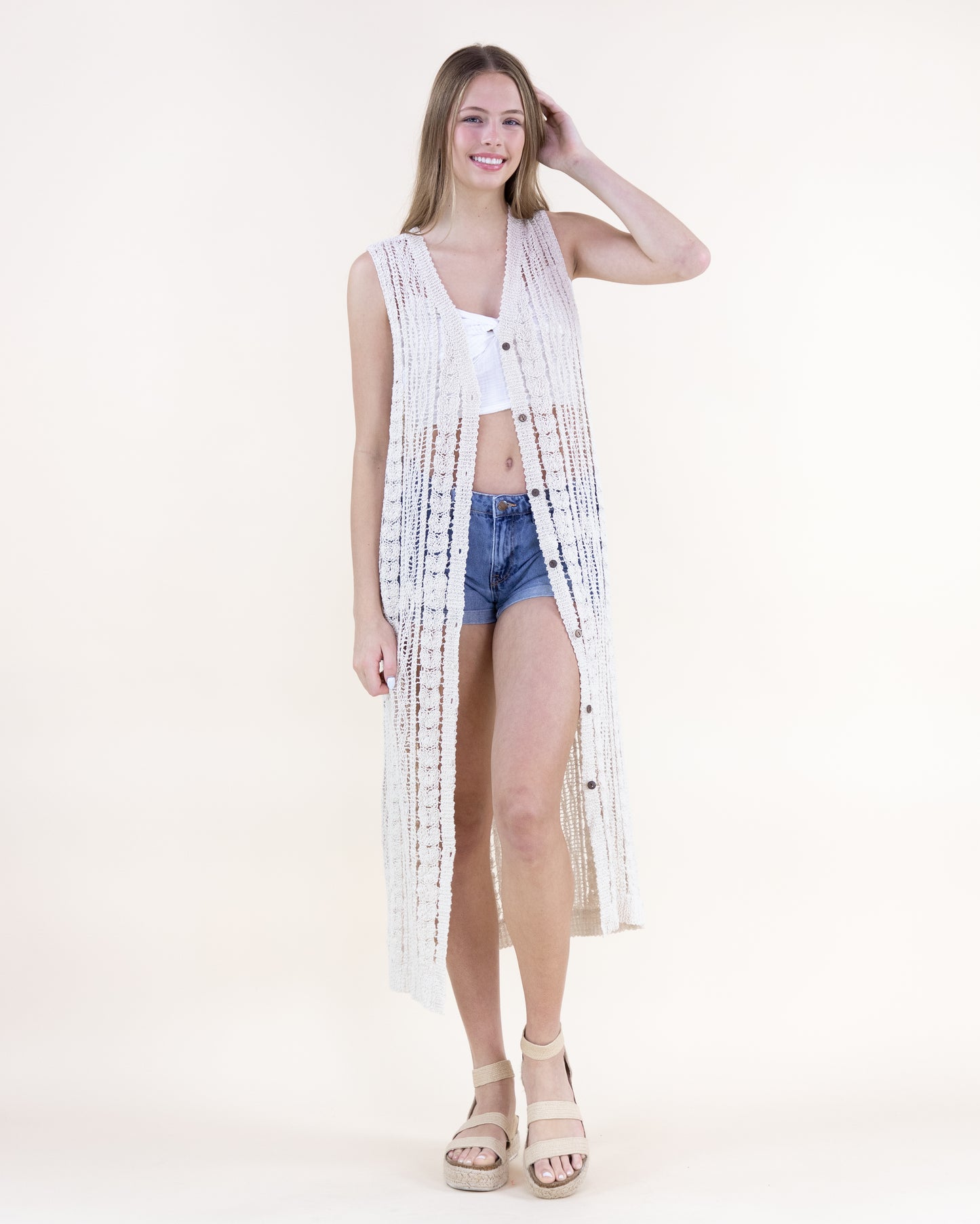 Cotton Crochet Pattern Stripes Button Front Long Vest