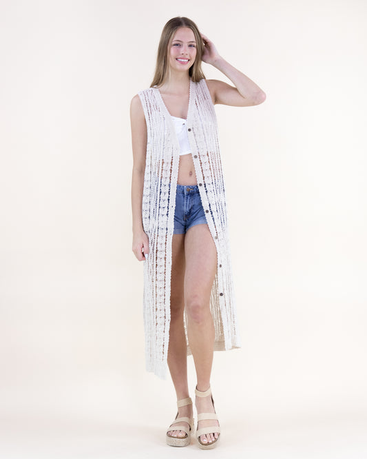 Cotton Crochet Pattern Stripes Button Front Long Vest