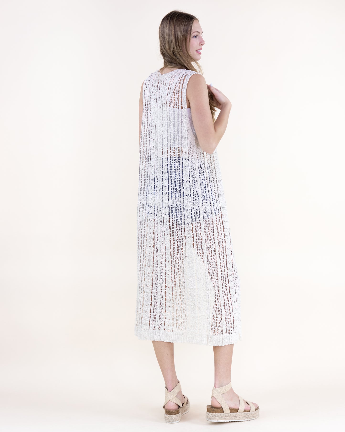 Cotton Crochet Pattern Stripes Button Front Long Vest