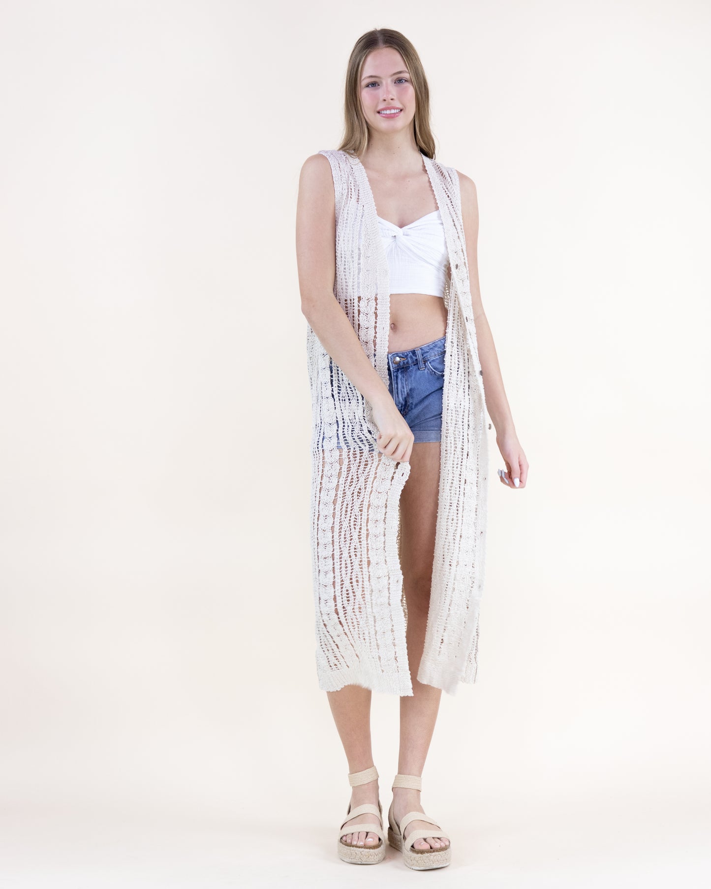 Cotton Crochet Pattern Stripes Button Front Long Vest