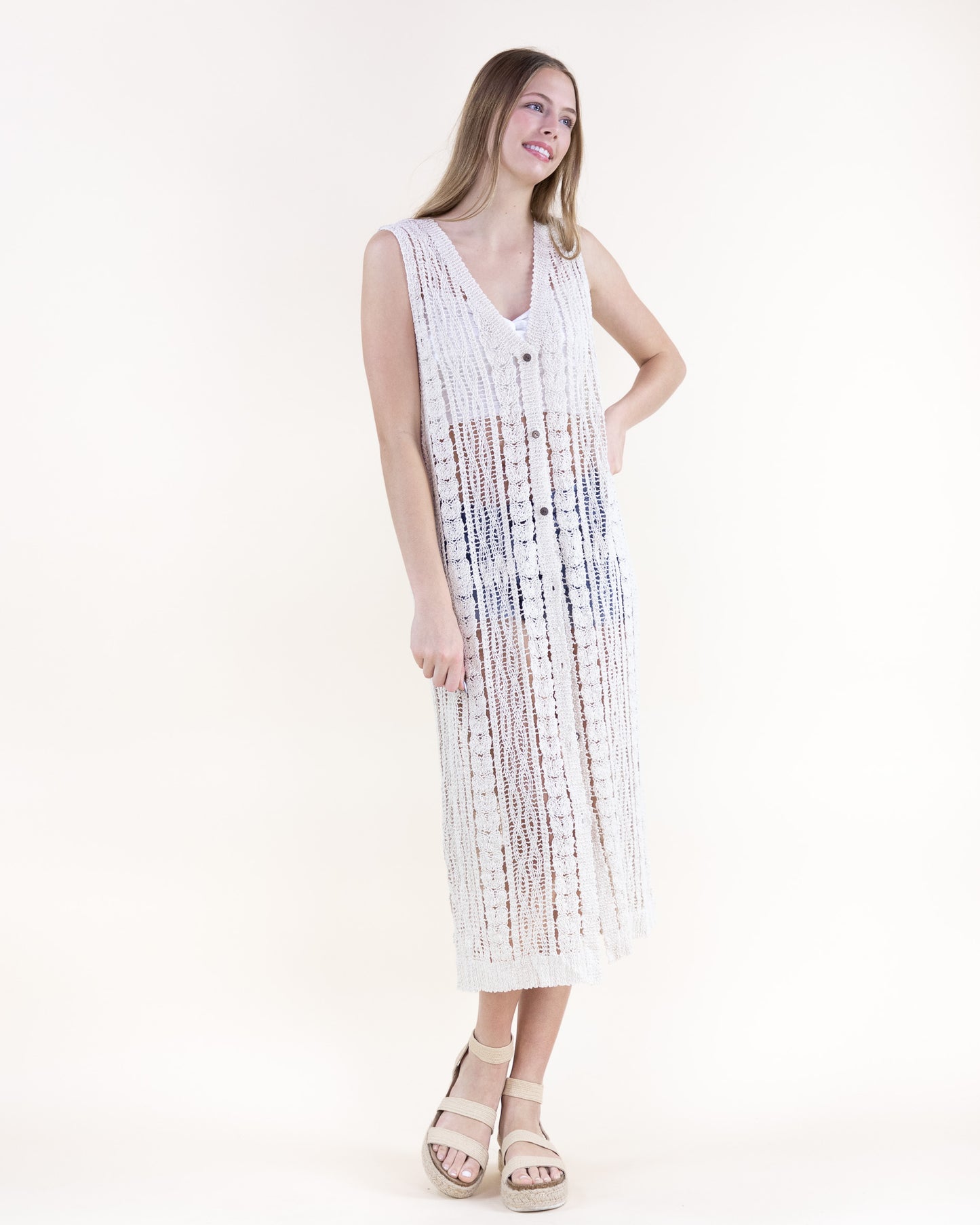 Cotton Crochet Pattern Stripes Button Front Long Vest
