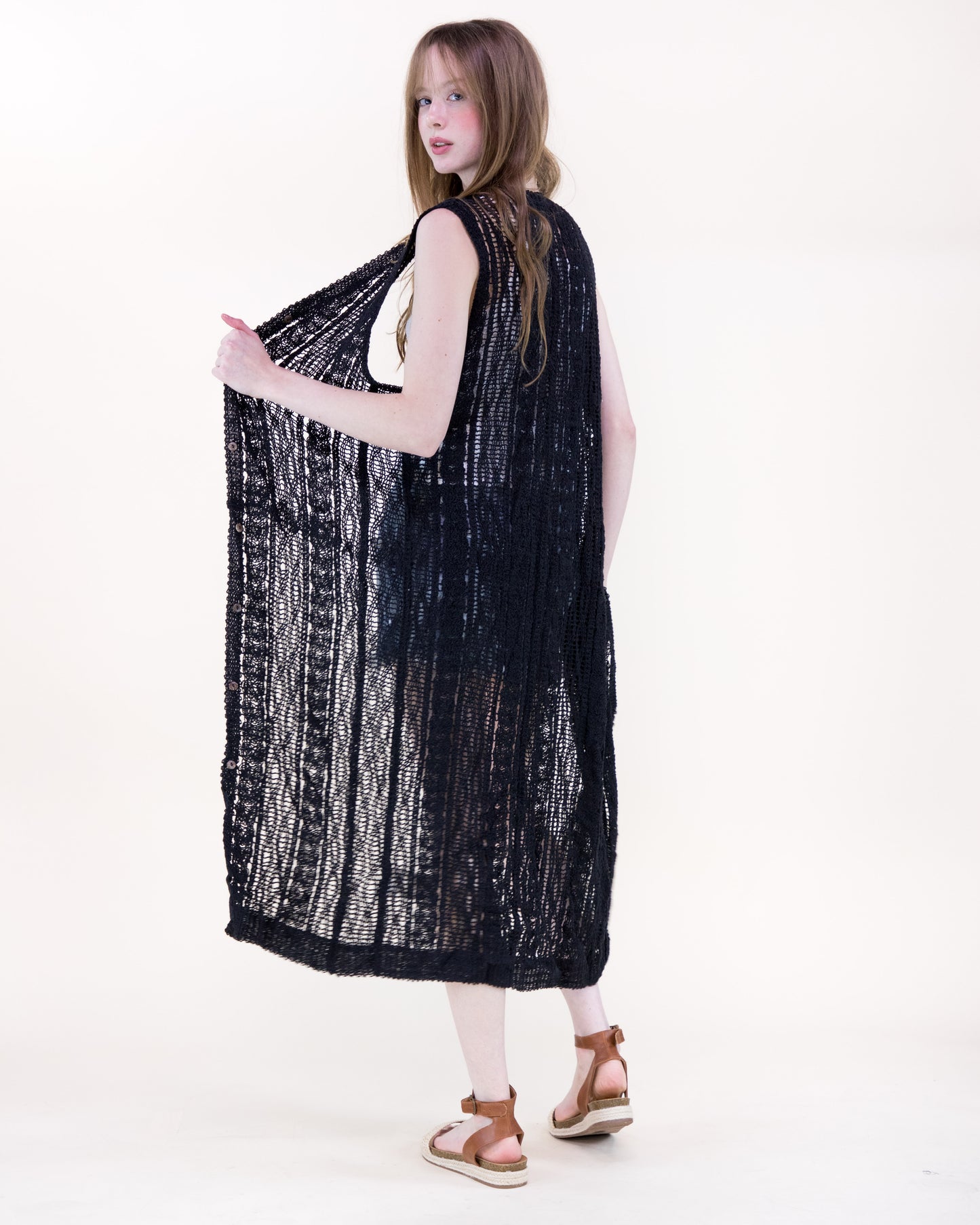 Cotton Crochet Pattern Stripes Button Front Long Vest