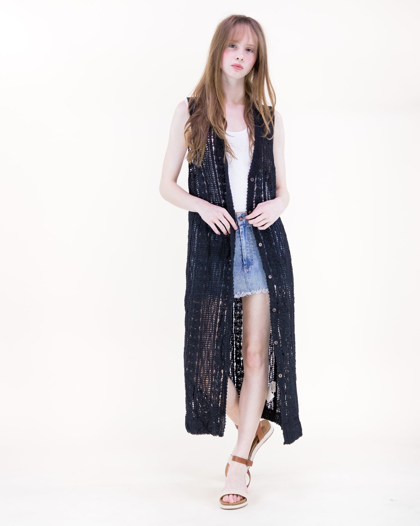 Cotton Crochet Pattern Stripes Button Front Long Vest