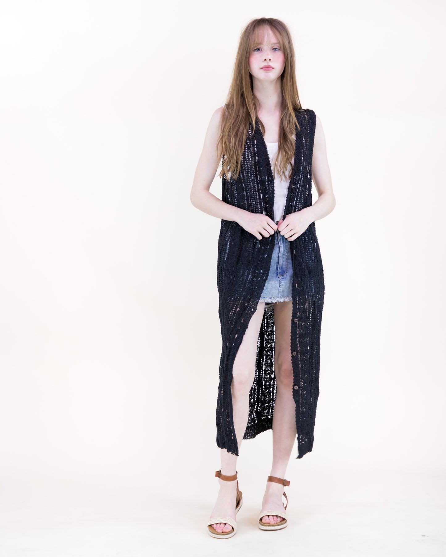 Cotton Crochet Pattern Stripes Button Front Long Vest