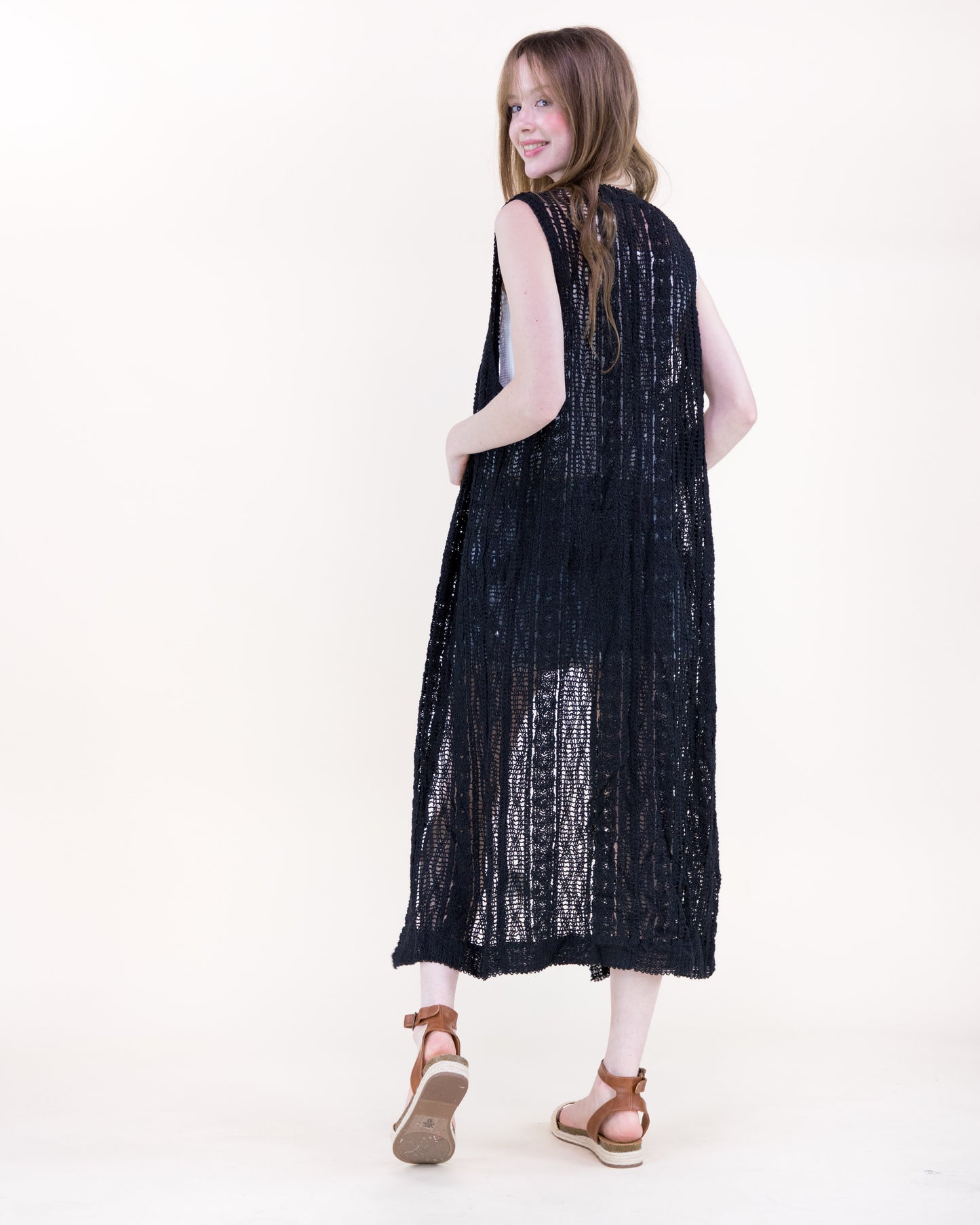 Cotton Crochet Pattern Stripes Button Front Long Vest