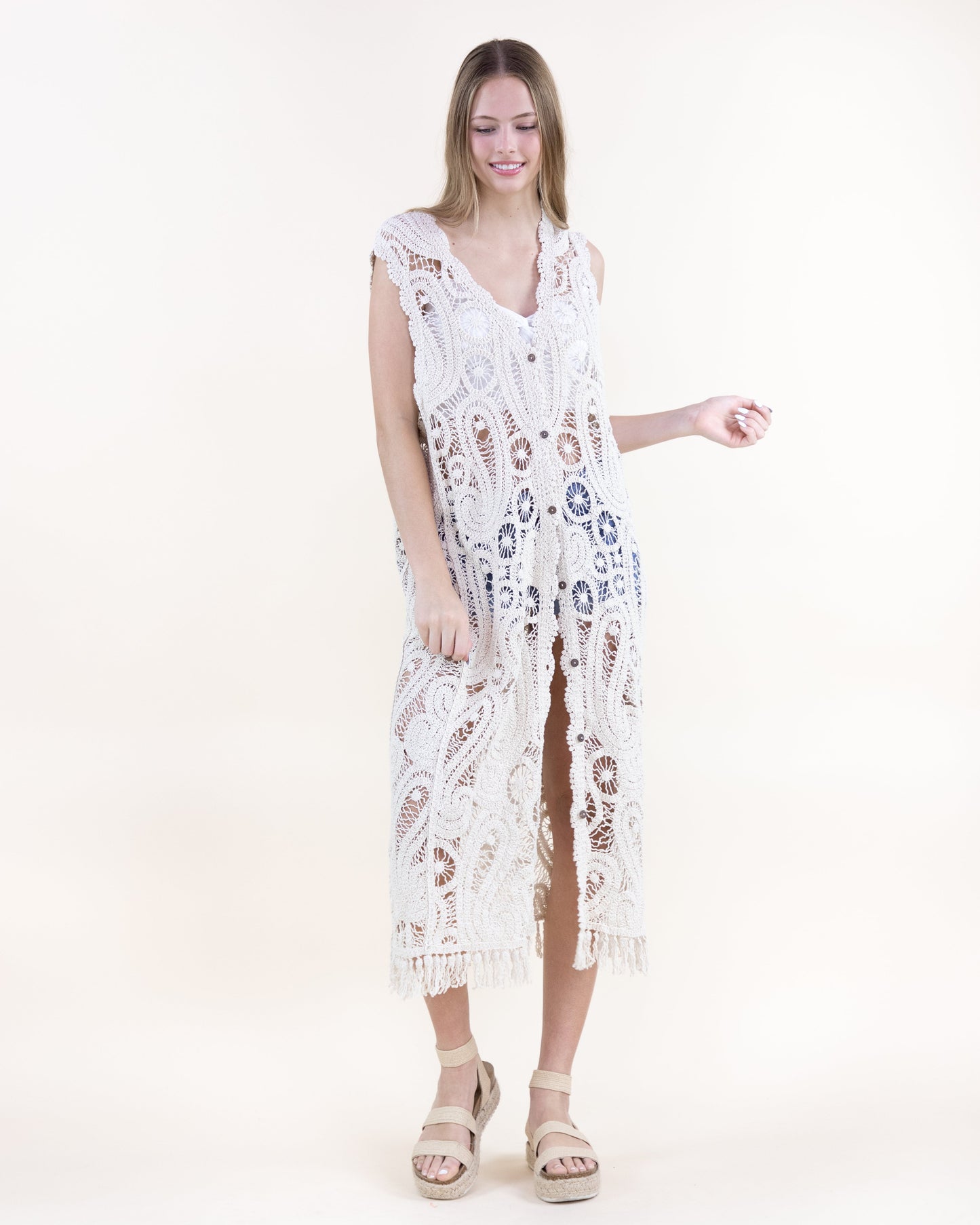Cotton Crochet Paisley Pattern Button Front Long Vest w/ Fringe
