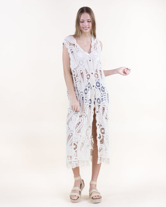 Cotton Crochet Paisley Pattern Button Front Long Vest w/ Fringe
