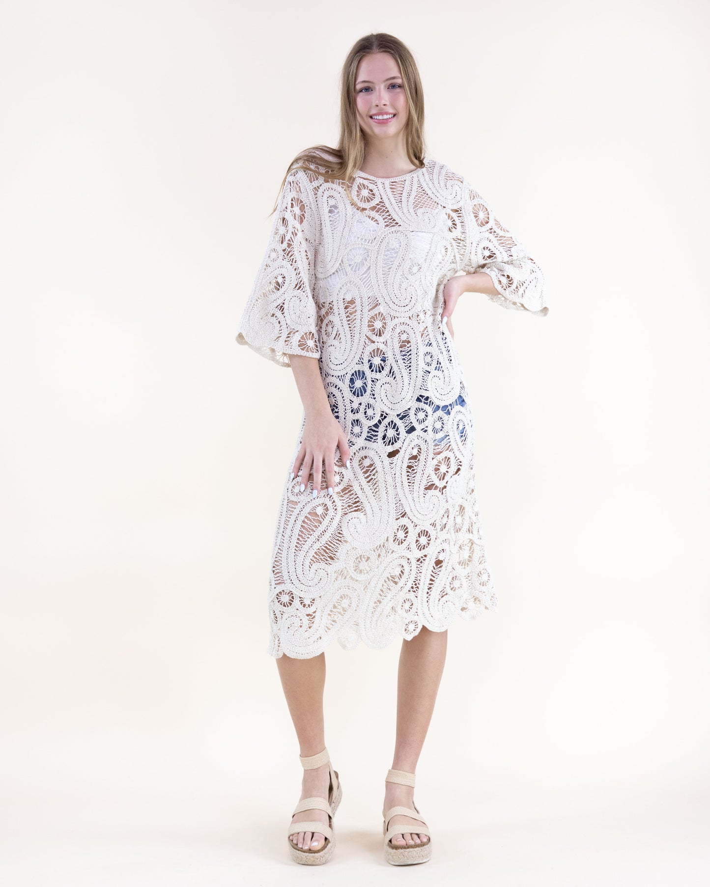 Cotton Boho Paisley Boat Neck Crochet Midi Dress