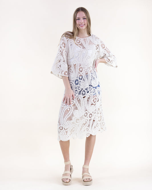 Cotton Boho Paisley Boat Neck Crochet Midi Dress